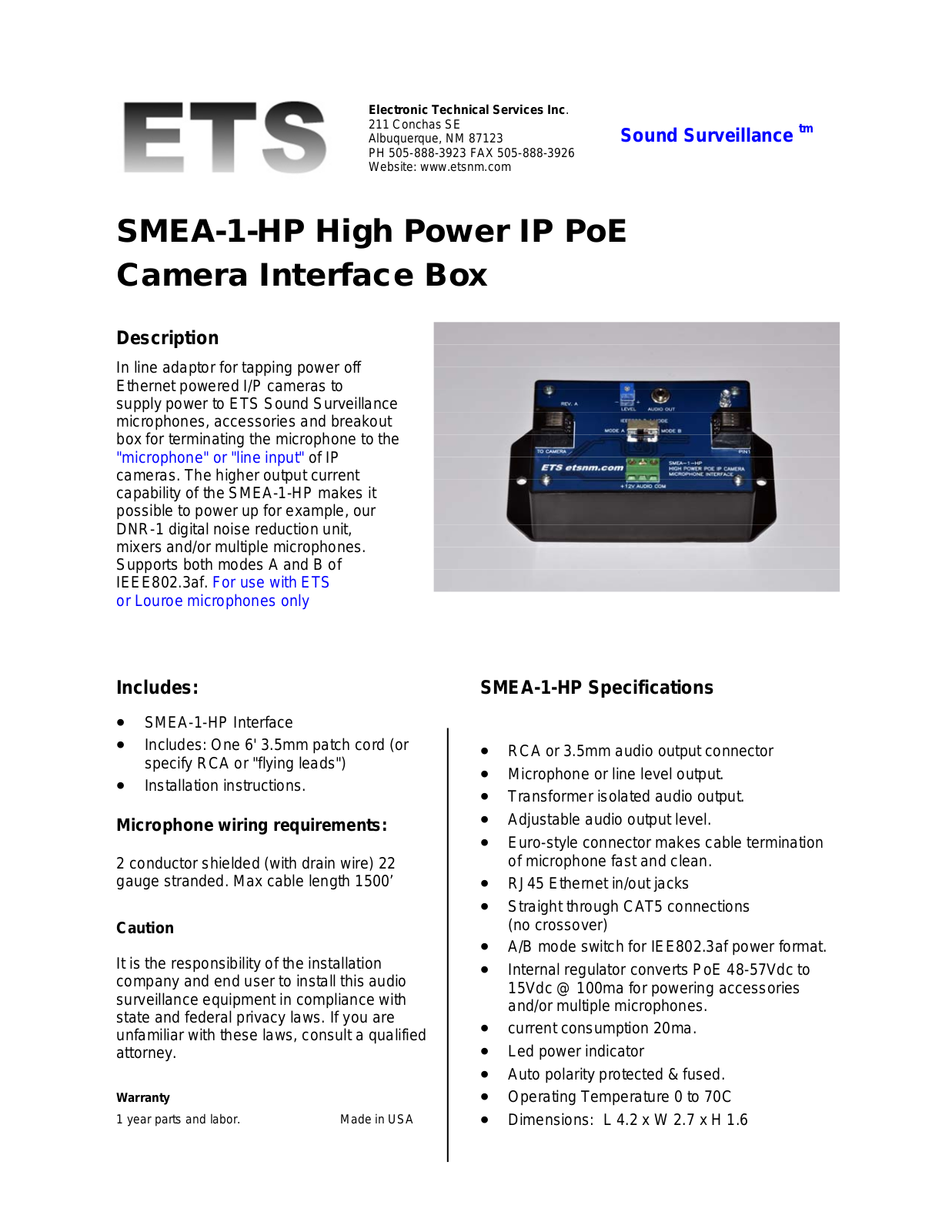 ETS SMEA-1-HP Specsheet