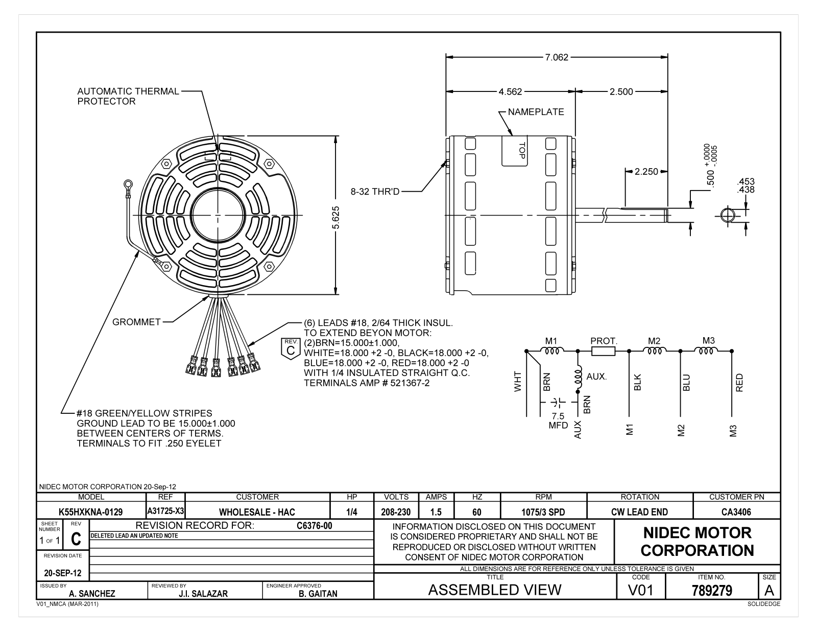 US Motors CA3406 Dimensional Sheet