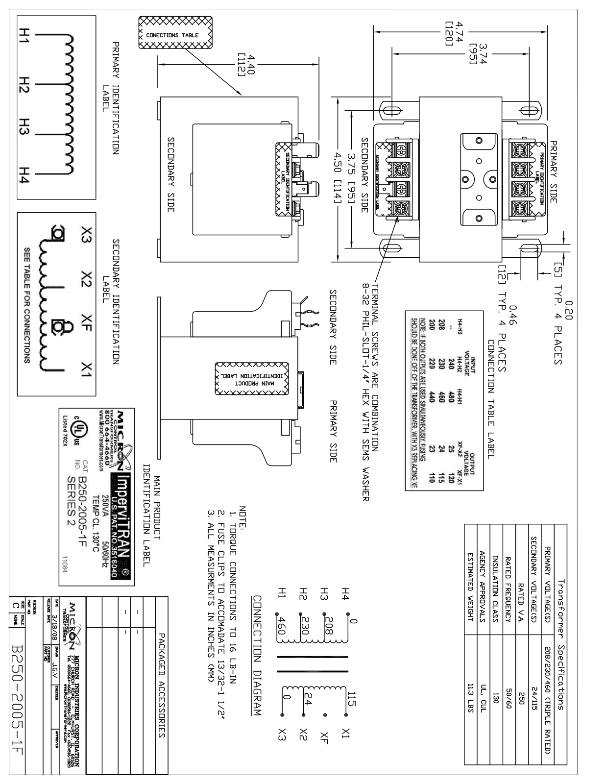 Micron Industries B250-2005-1F Specification Sheet