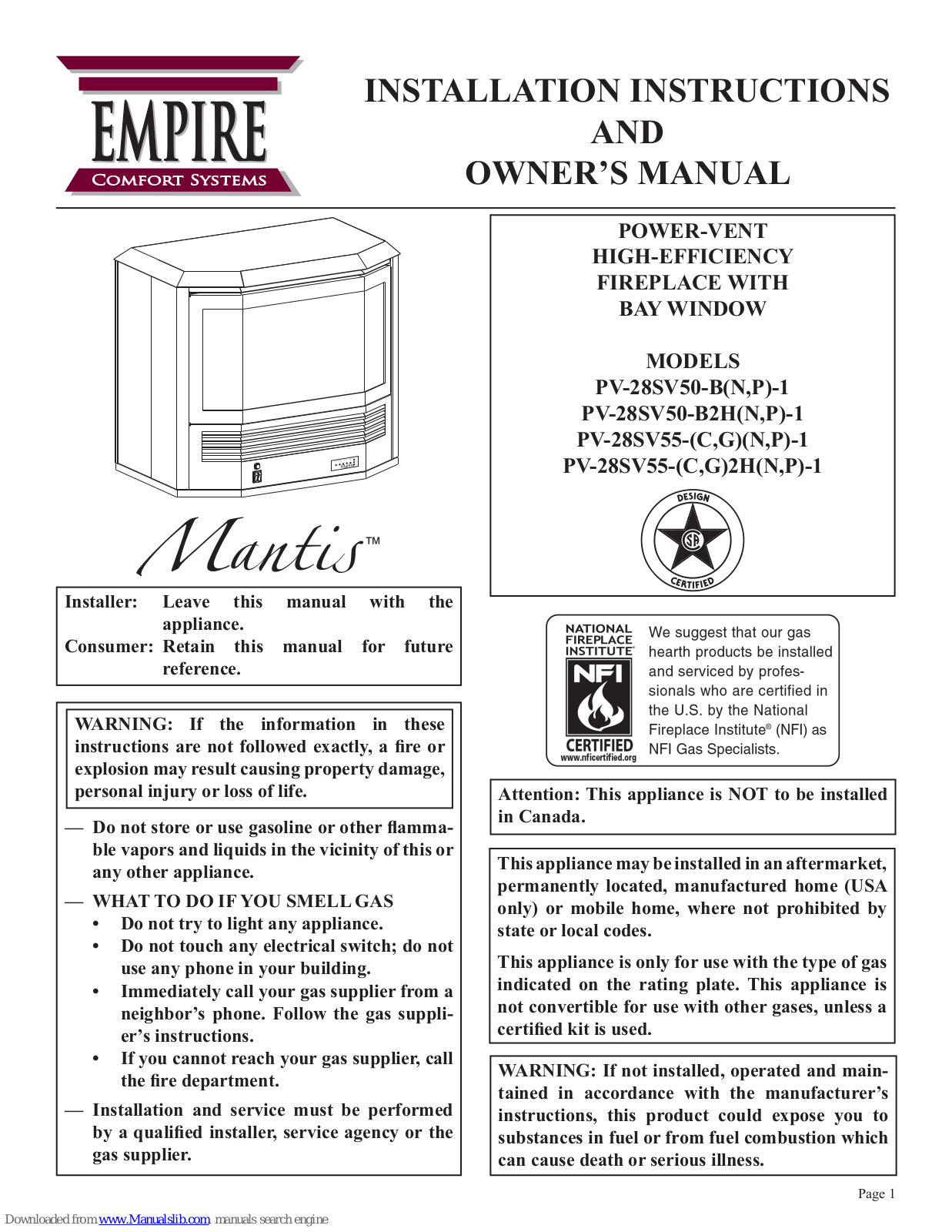 Empire Comfort Systems PV-28SV50-BN-1, PV-28SV50-B2HN-1, PV-28SV55-CN-1, PV-28SV55-C2HN-1, PV-28SV50-BP-1 Owner's Manual