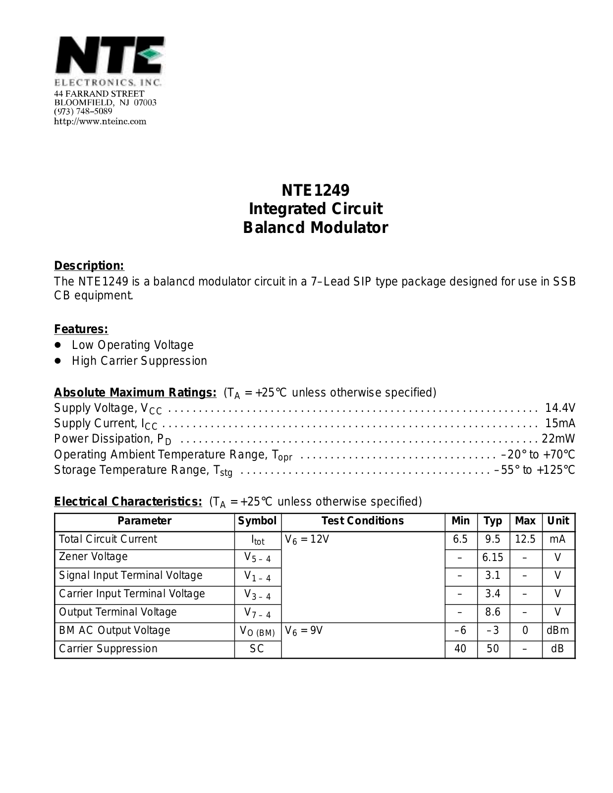 Datasheet NTE1249 Datasheet (NTE) - ManualMachine.com