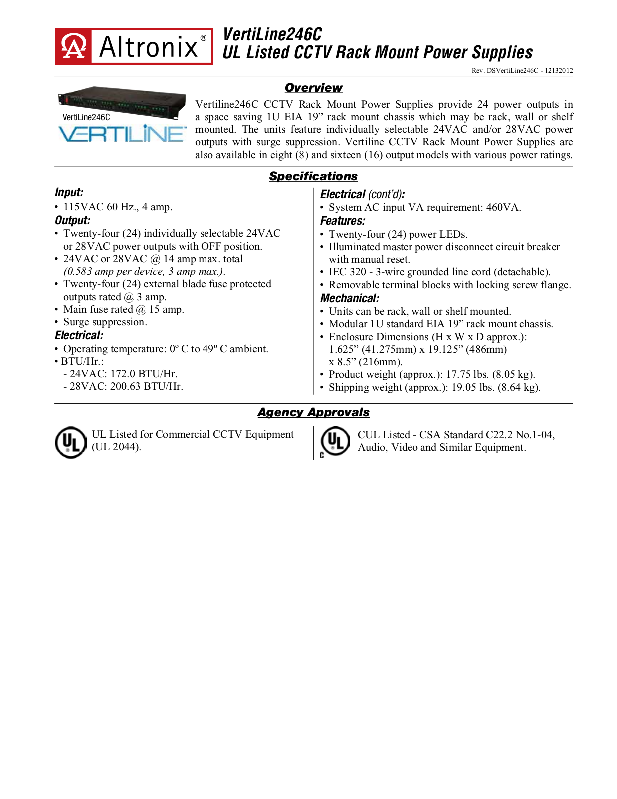 Altronix VertiLine246C Data Sheet