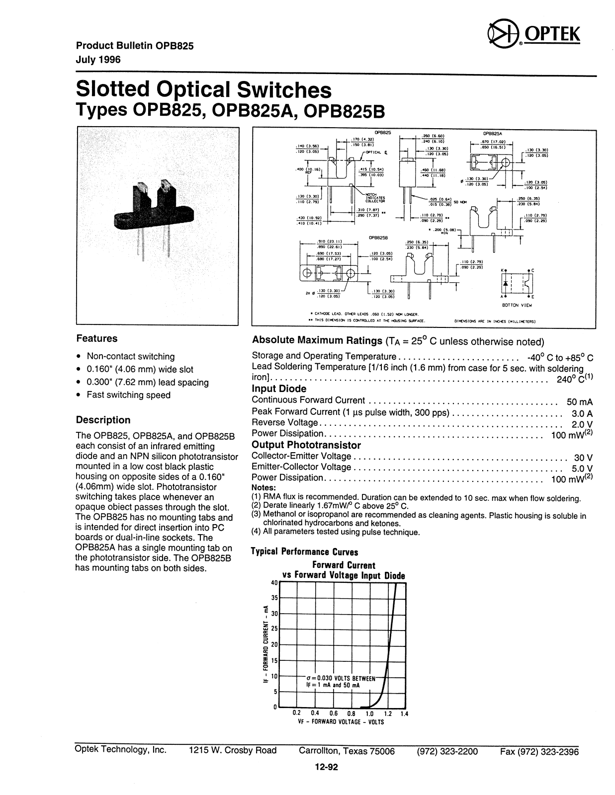 OPTEK OPB825A, OPB825B, OPB825 Datasheet