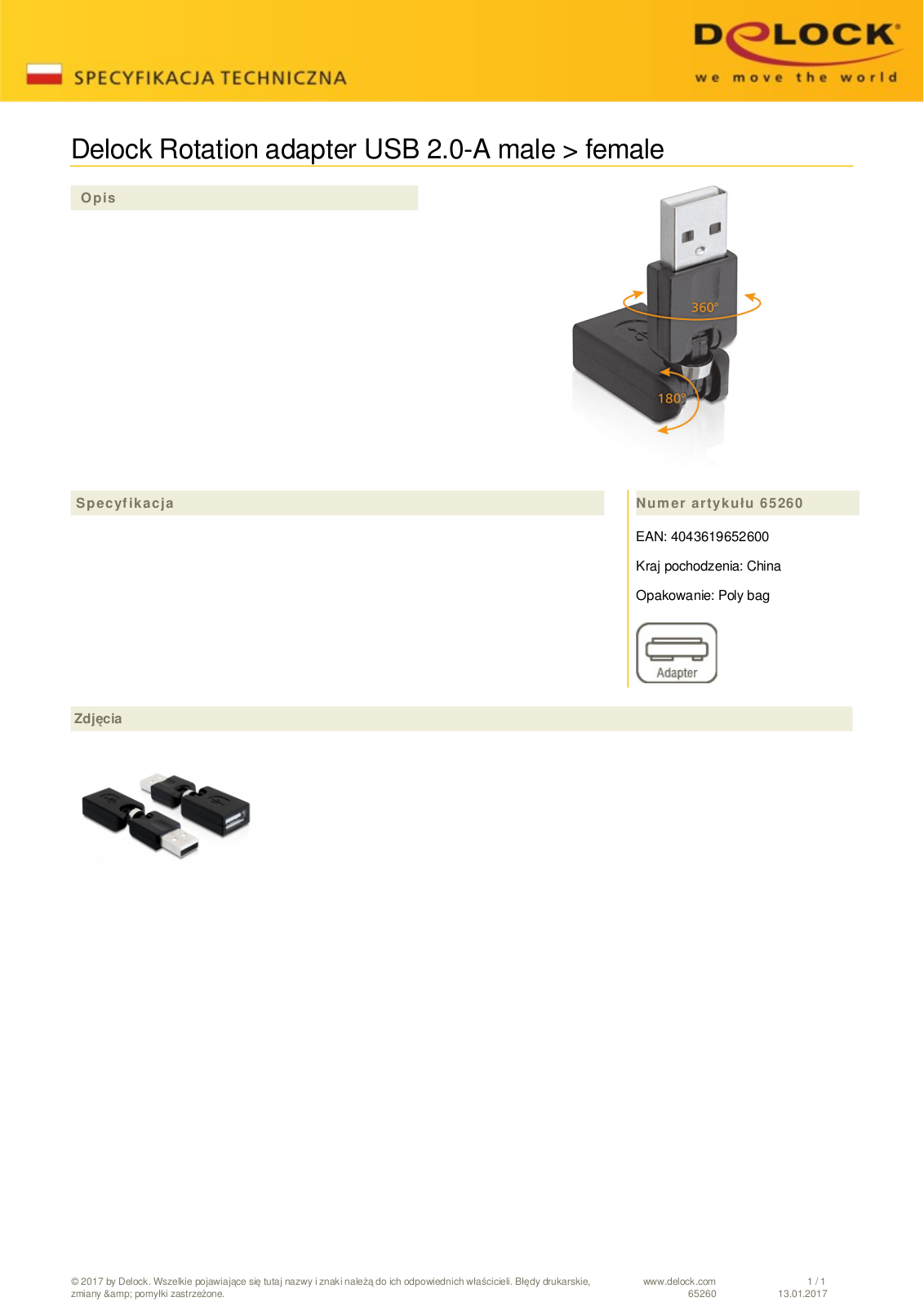 DeLOCK USB 2.0 adapter, USB-A  plug  to USB-A  socket , with swivel User Manual