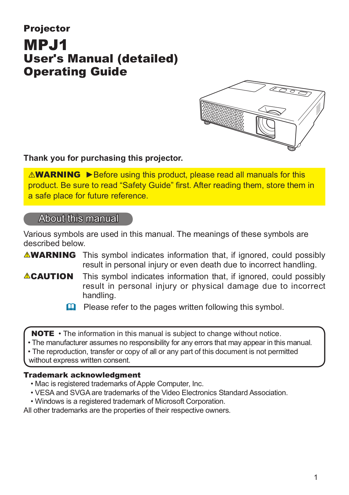 Hitachi MPJ1 User Manual