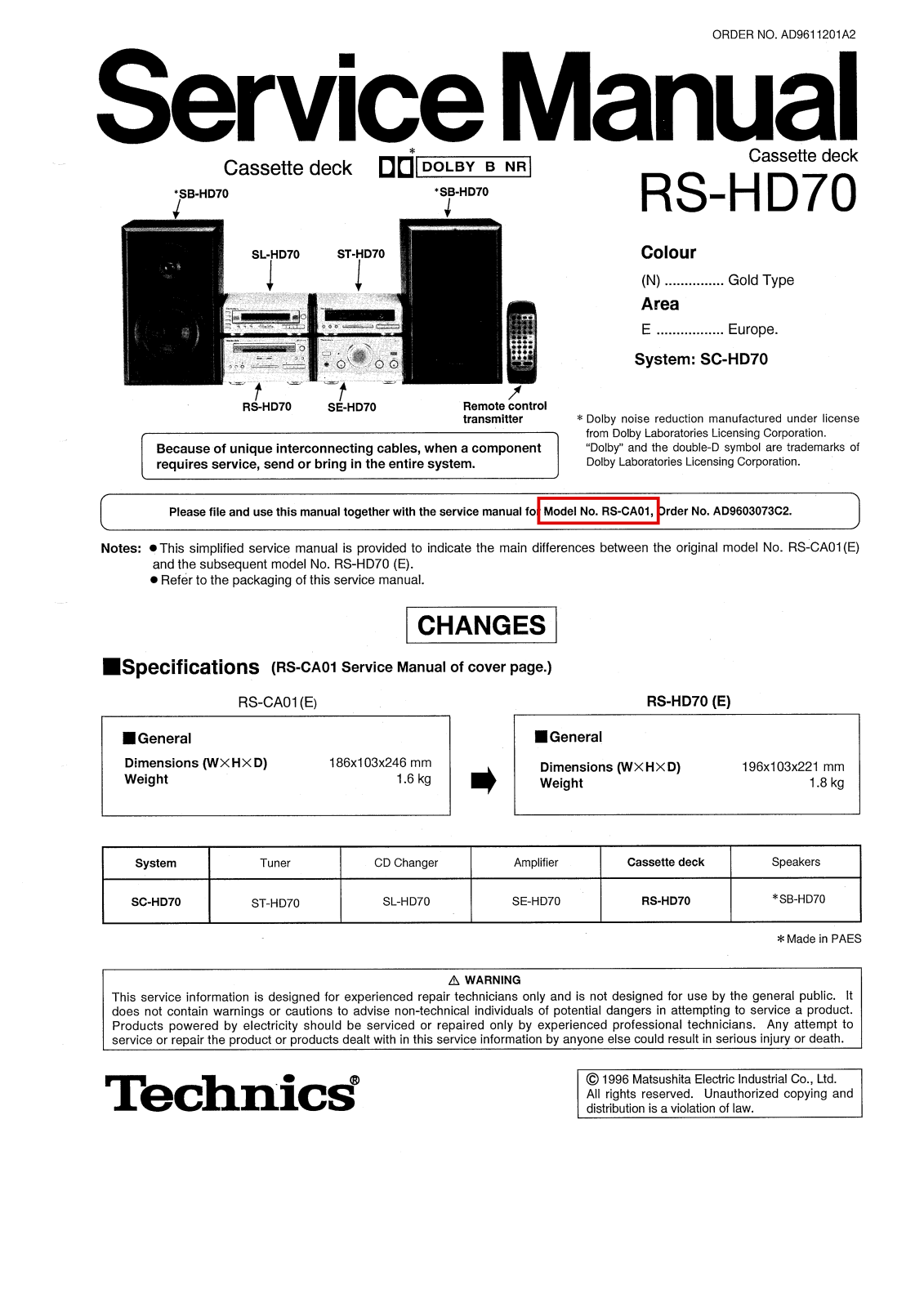 Technics RSHD-70, SRHD-70 Service manual