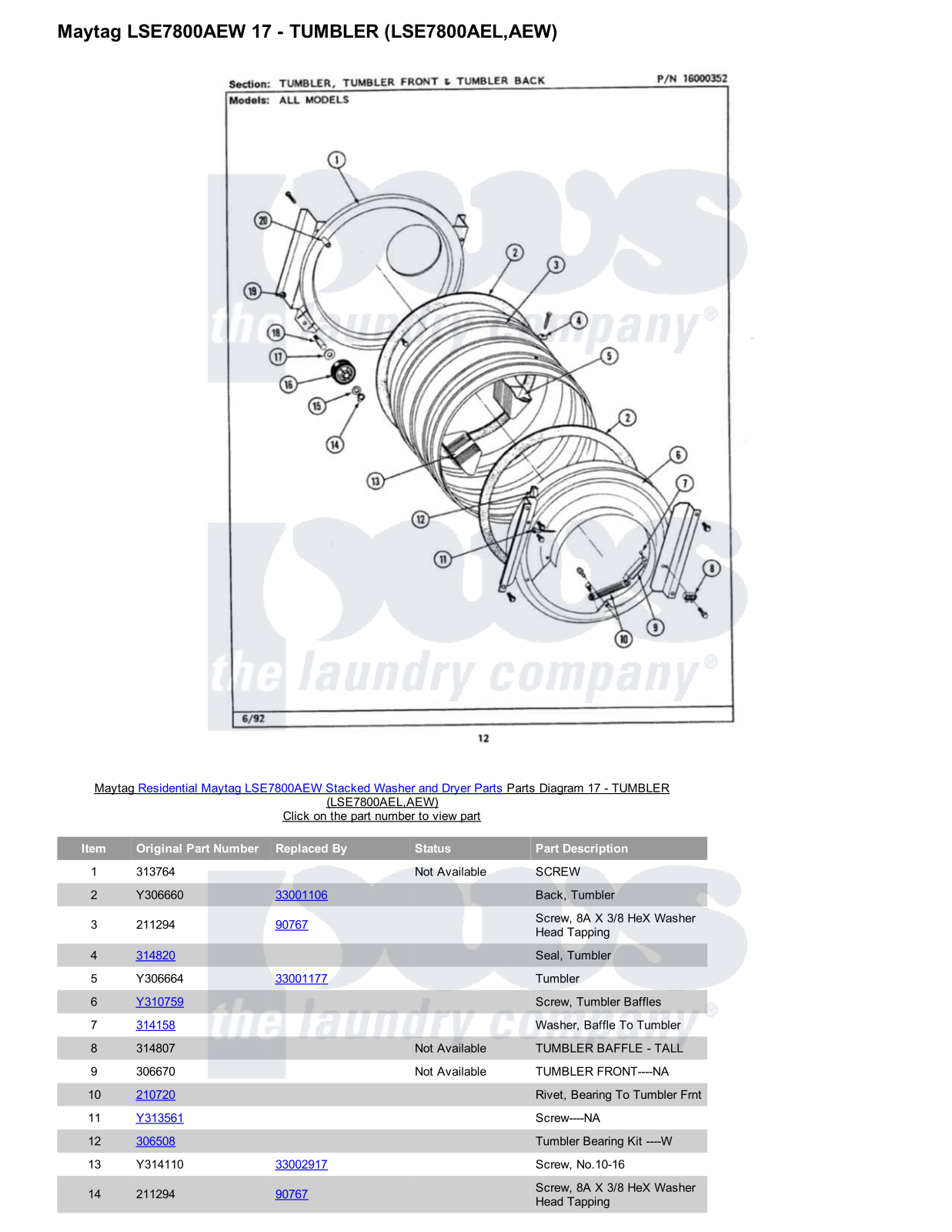 Maytag LSE7800AEW Stacked and Parts Diagram