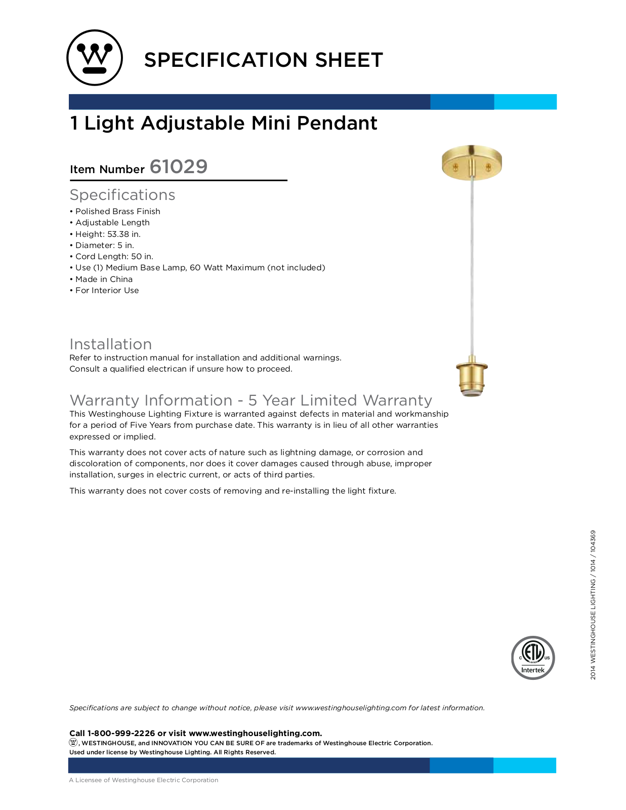 Westinghouse 6102900 Specification