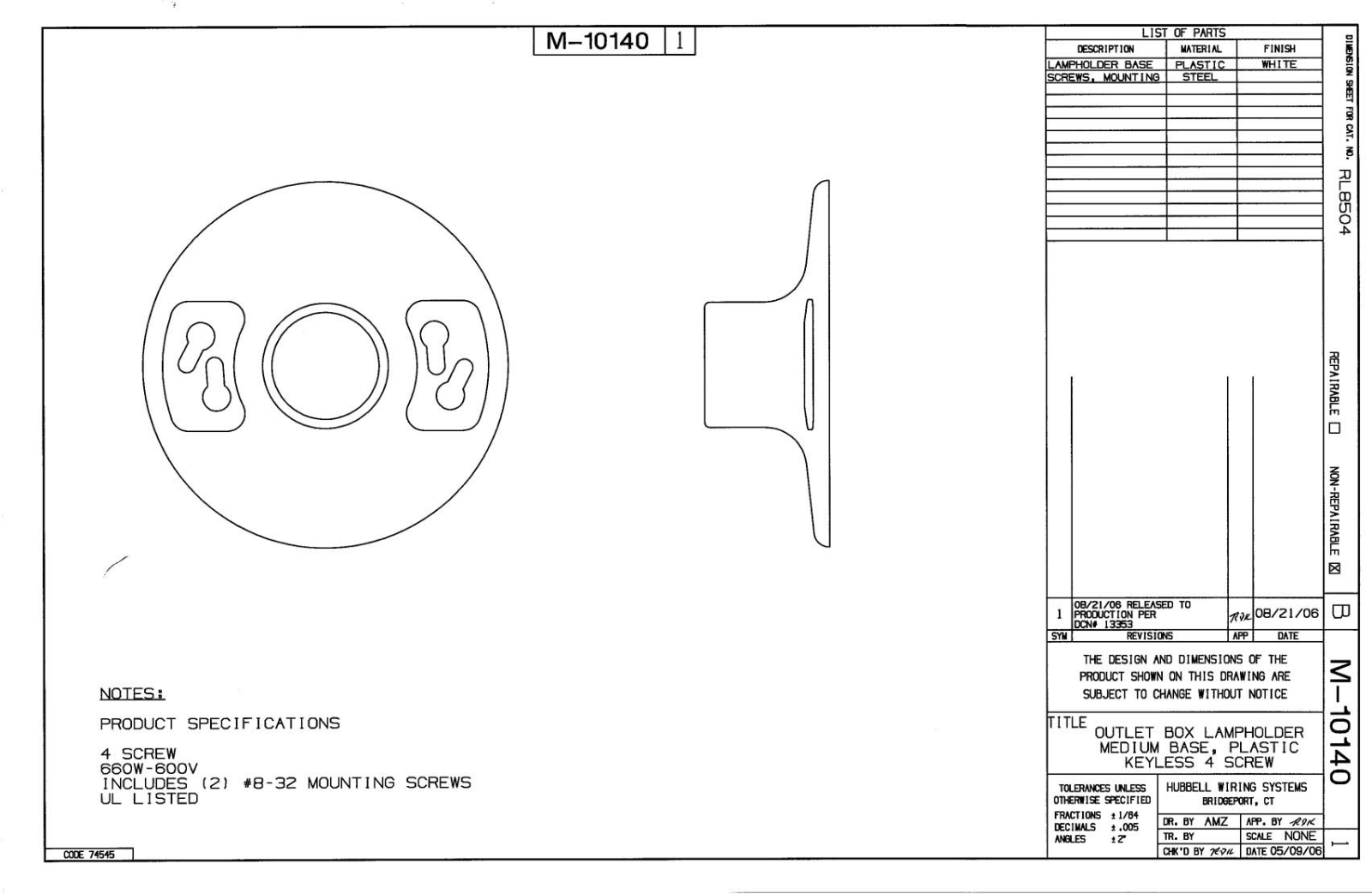 Hubbell RL8504 Reference Drawing