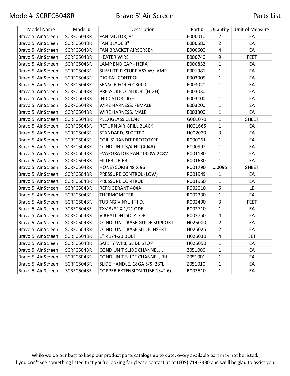 RPI Industries SCRFC6048R Parts List