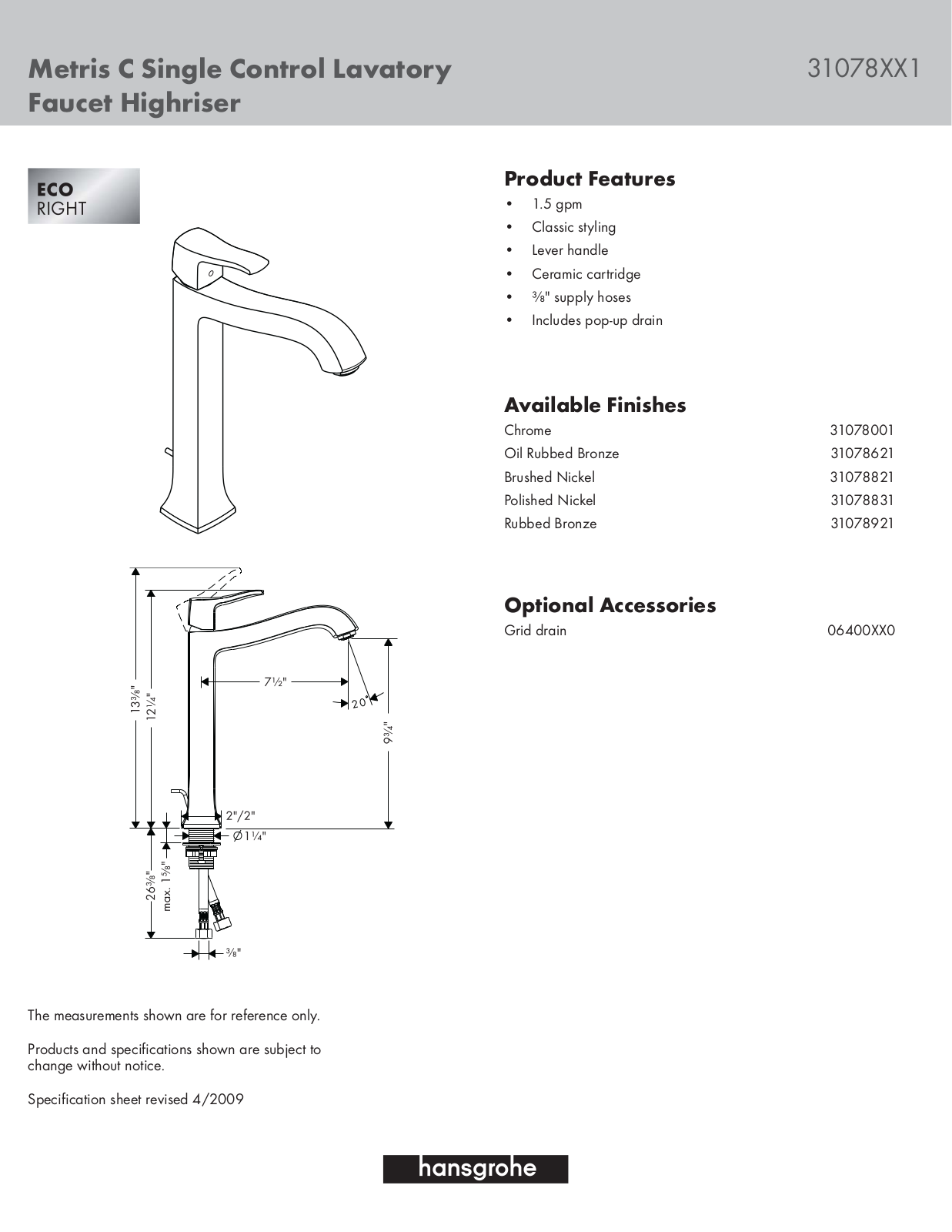 Hansgrohe 31078001 Specs