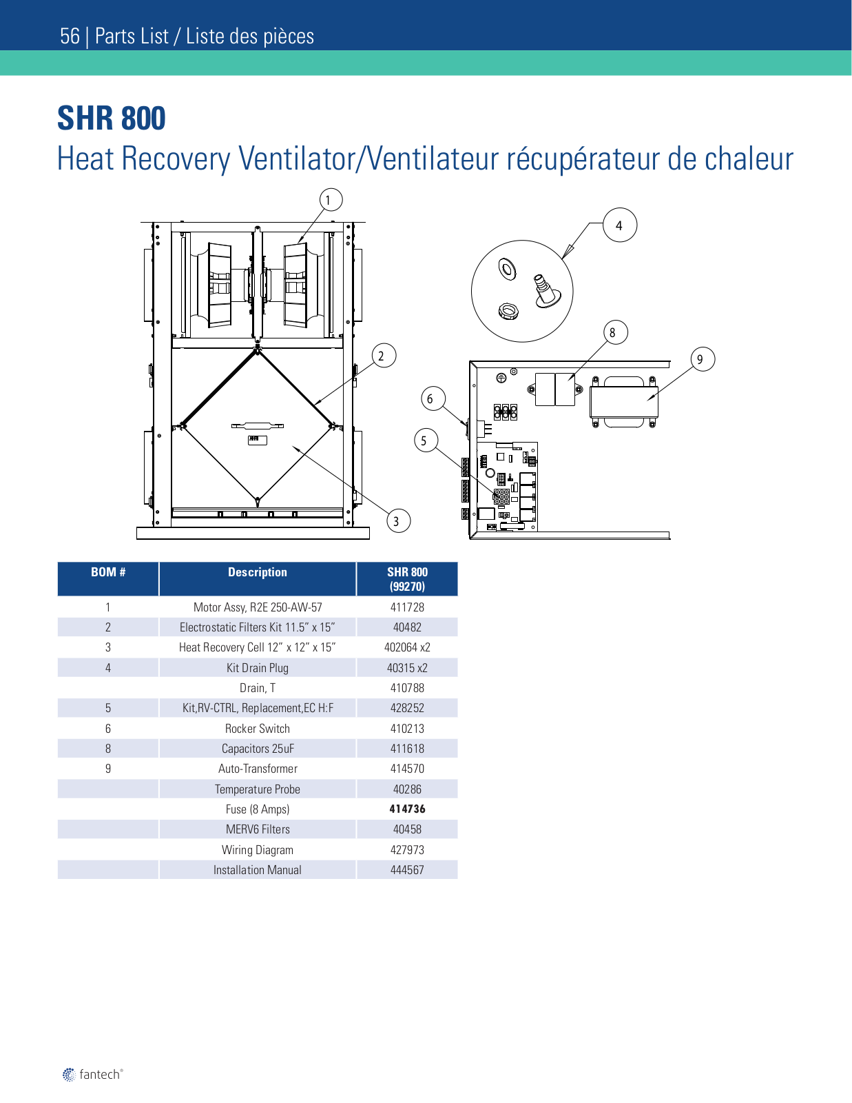 Fantech SHR 800 Parts List