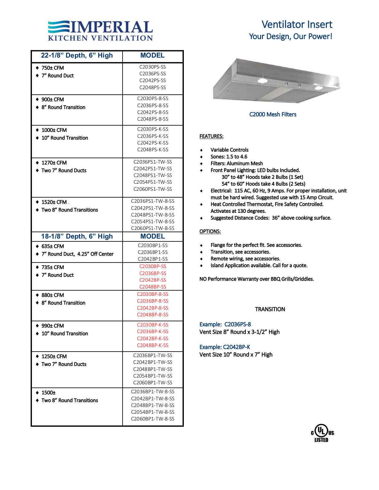 Imperial C2048BP8SS, C2048BPKSS, C2048BPSS Specifications