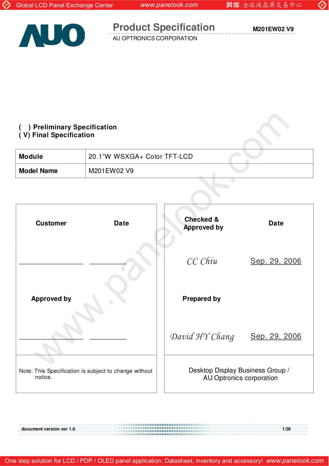 AUO M201EW02 V9 Specification