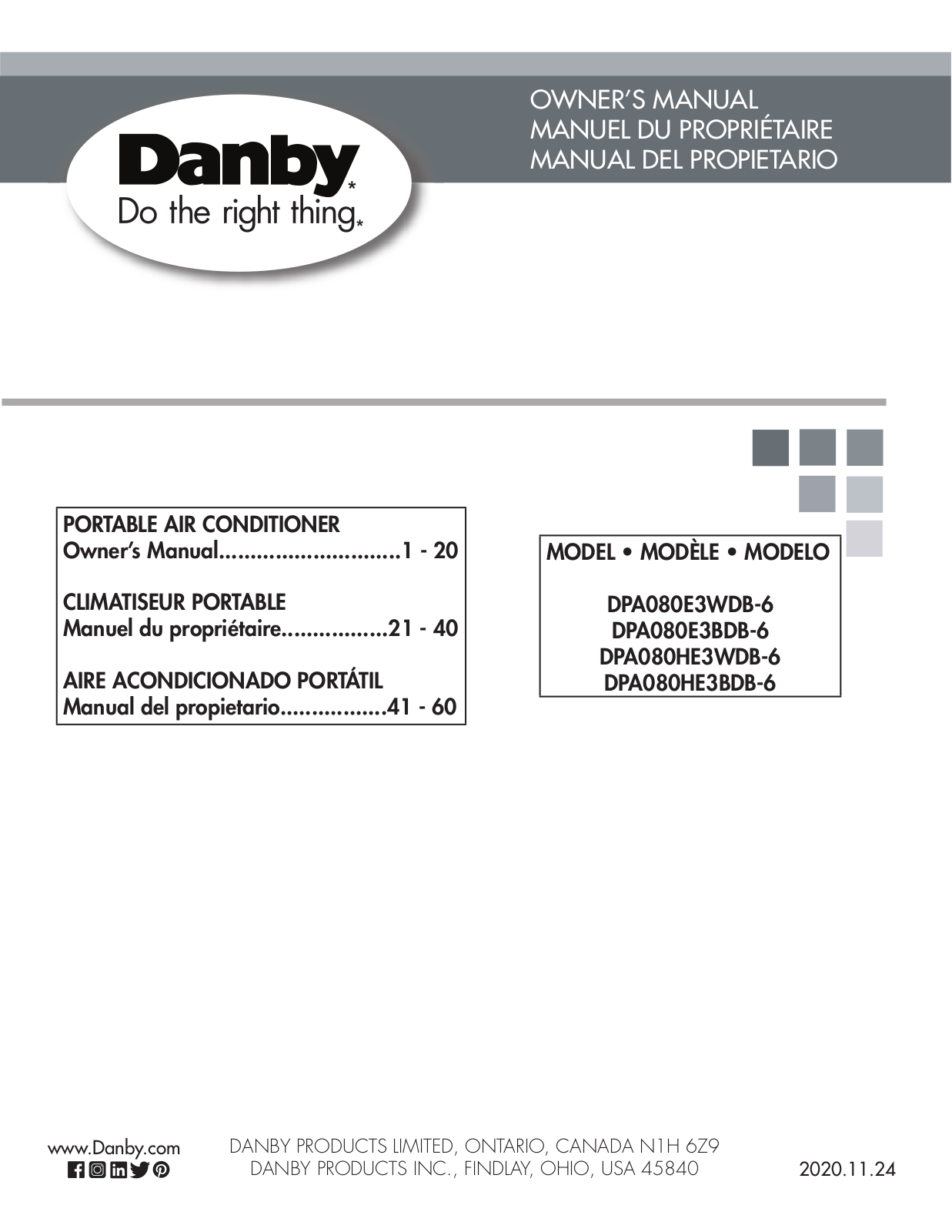 Danby DPA080E3WDB-6, DPA080E3BDB-6, DPA080HE3WDB-6, DPA080HE3BDB-6 OWNER’S MANUAL