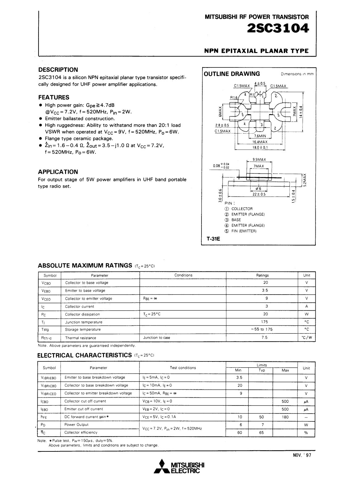 Mitsubishi Electric Corporation Semiconductor Group 2SC3104 Datasheet