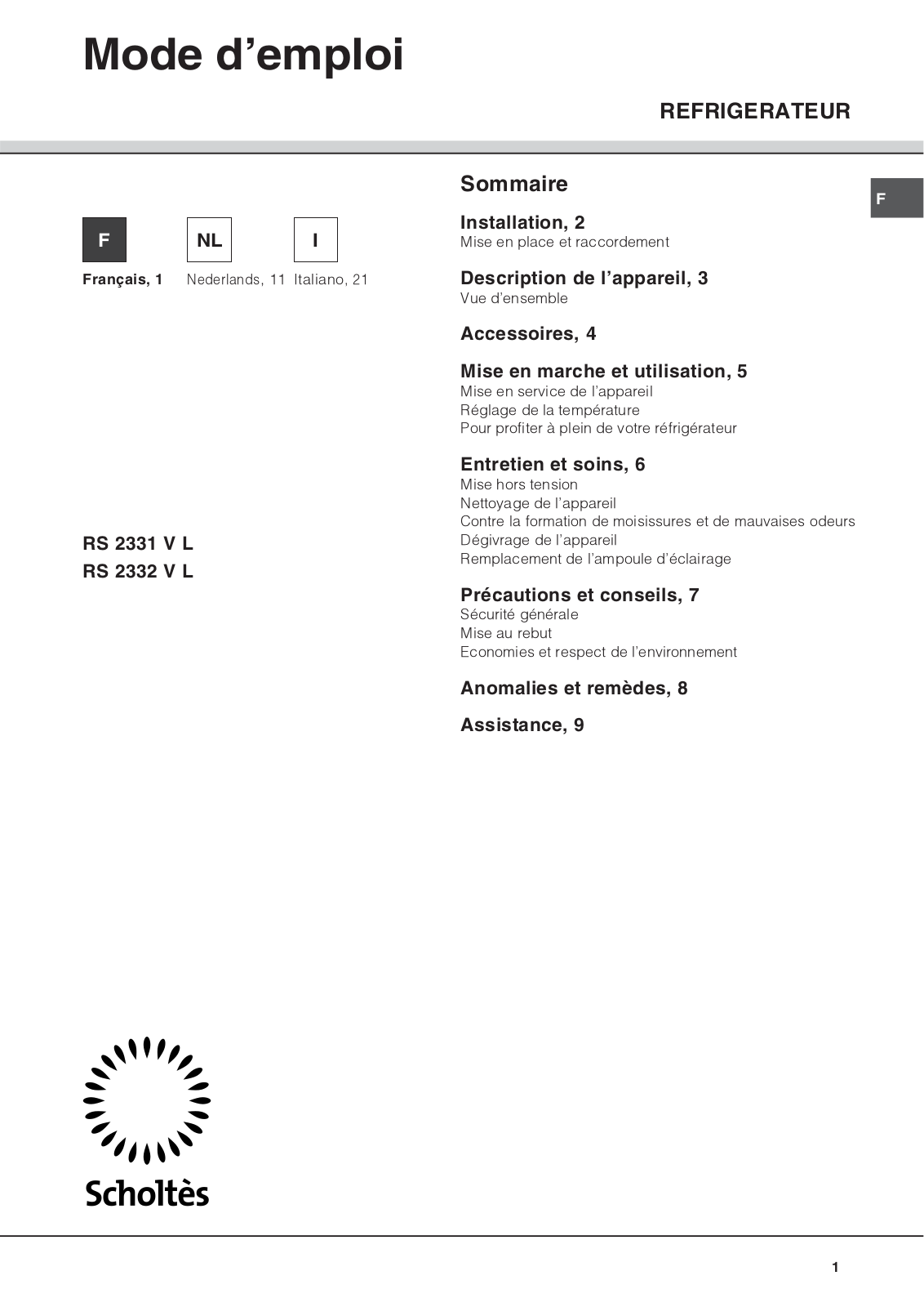 Scholtes RS 2332 V L User Manual