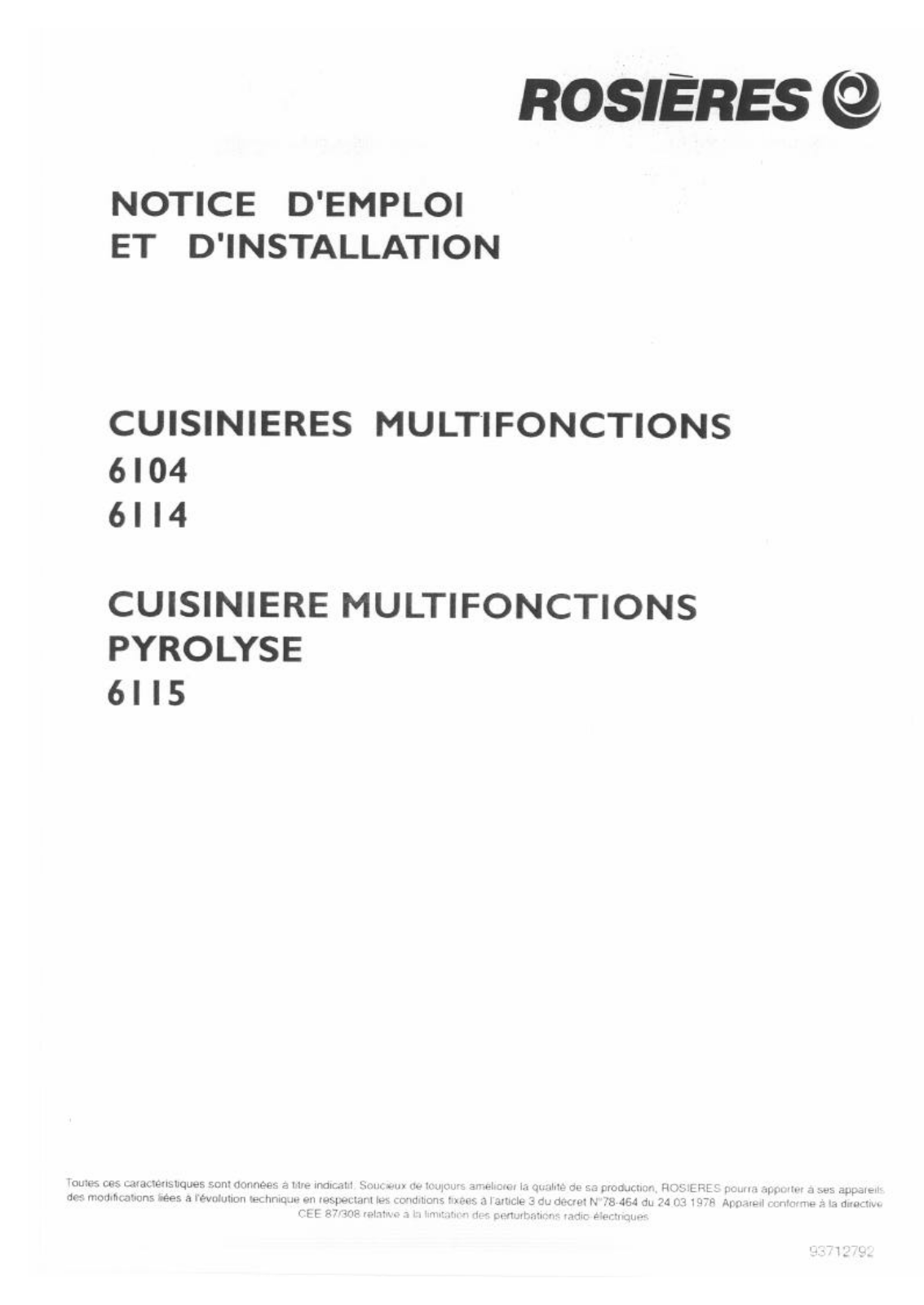 ROSIERES 6104, 6114, 6115 User Manual