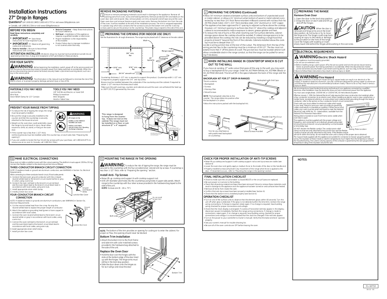 General Electric JMP31CLCC Installation  Manual