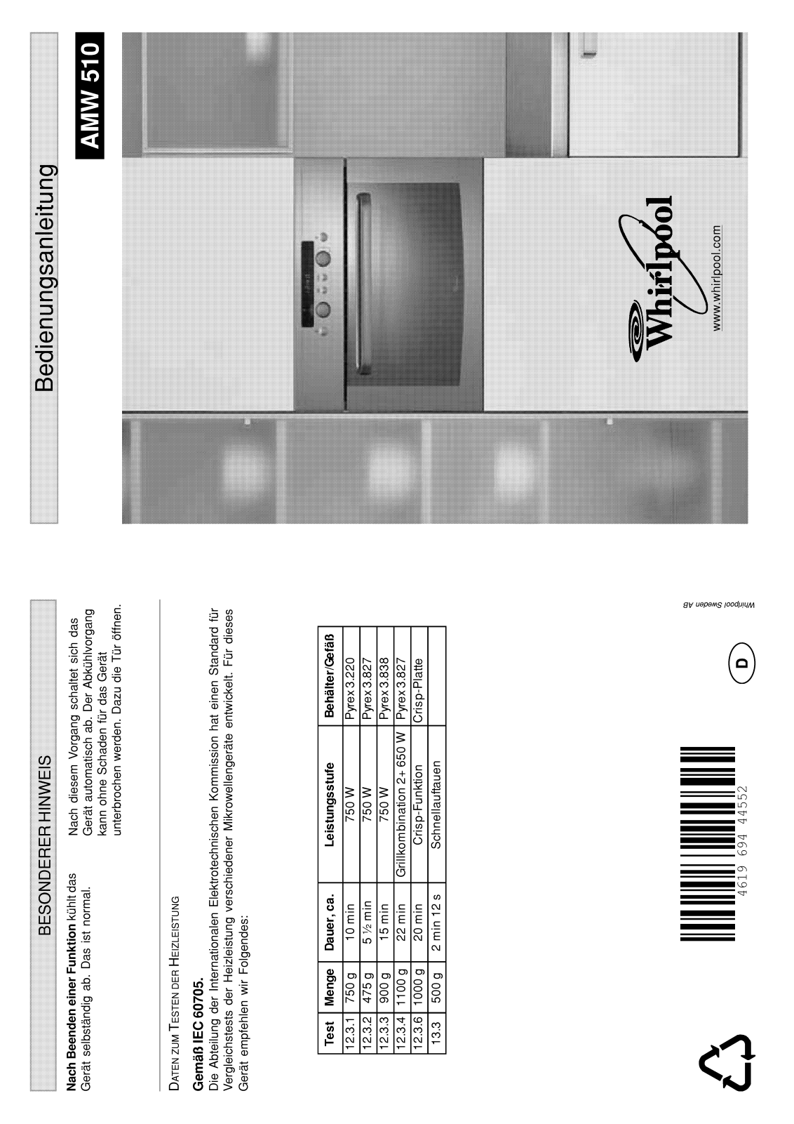 Whirlpool AMW 510 AL, AMW 510 IX, AMW 510 NB INSTRUCTION FOR USE