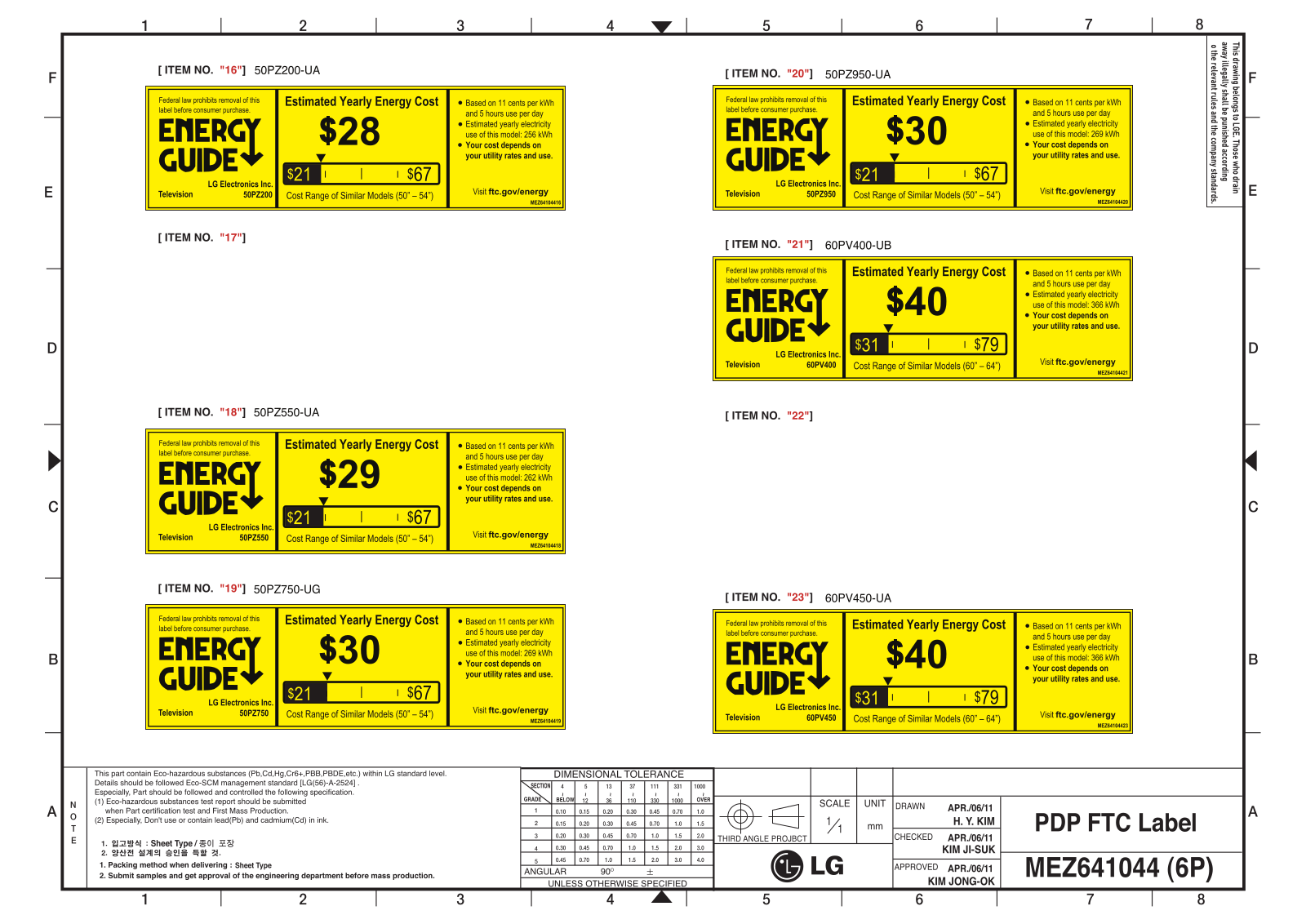 LG 60PV450 Energy Guide