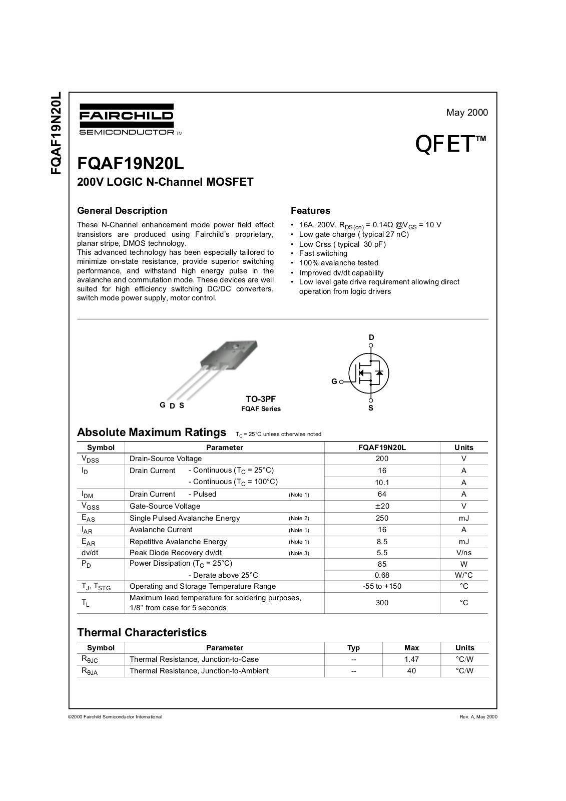 Fairchild Semiconductor FQAF19N20L Datasheet