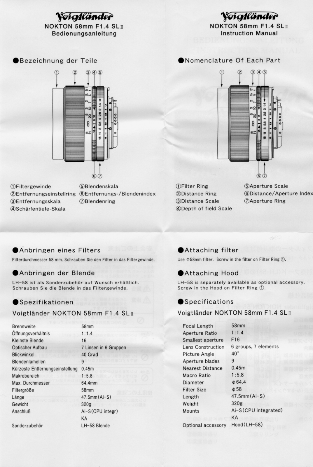 Voigtländer Nokton 58mm F1, 4 SL II Nikon F Service Manual