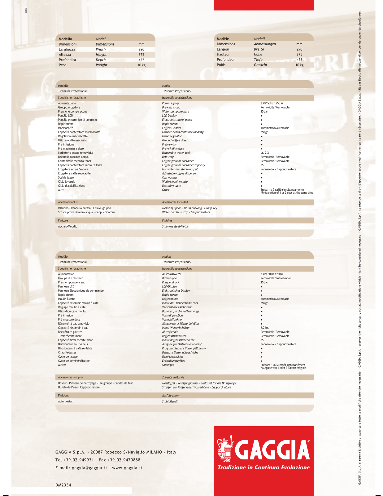 Gaggia Titanium Specifications