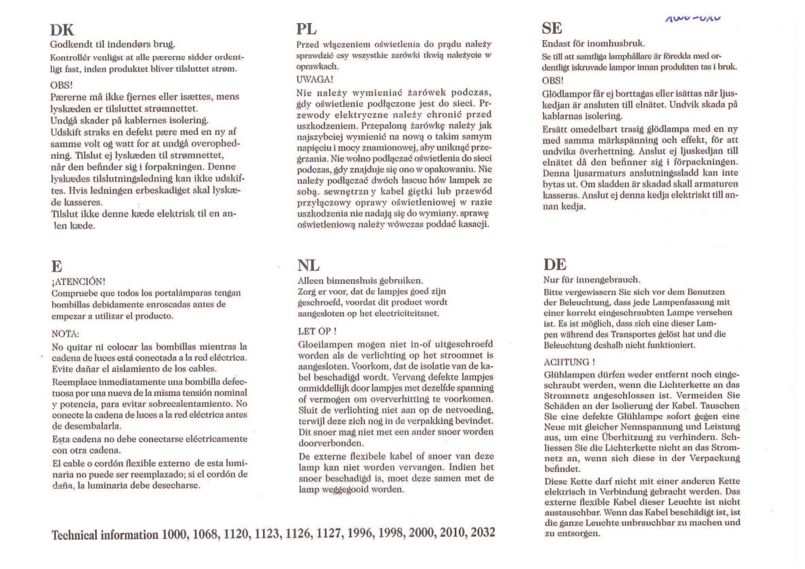 Konstsmide 1000, 1068, 1120, 1123, 1126 Technical information