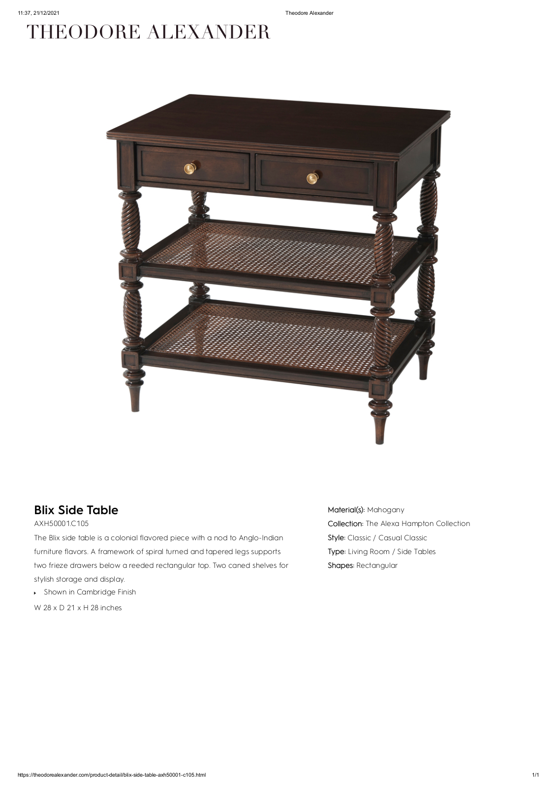 Theodore Alexander FPLJ3551 Specifications - ManualMachine.com