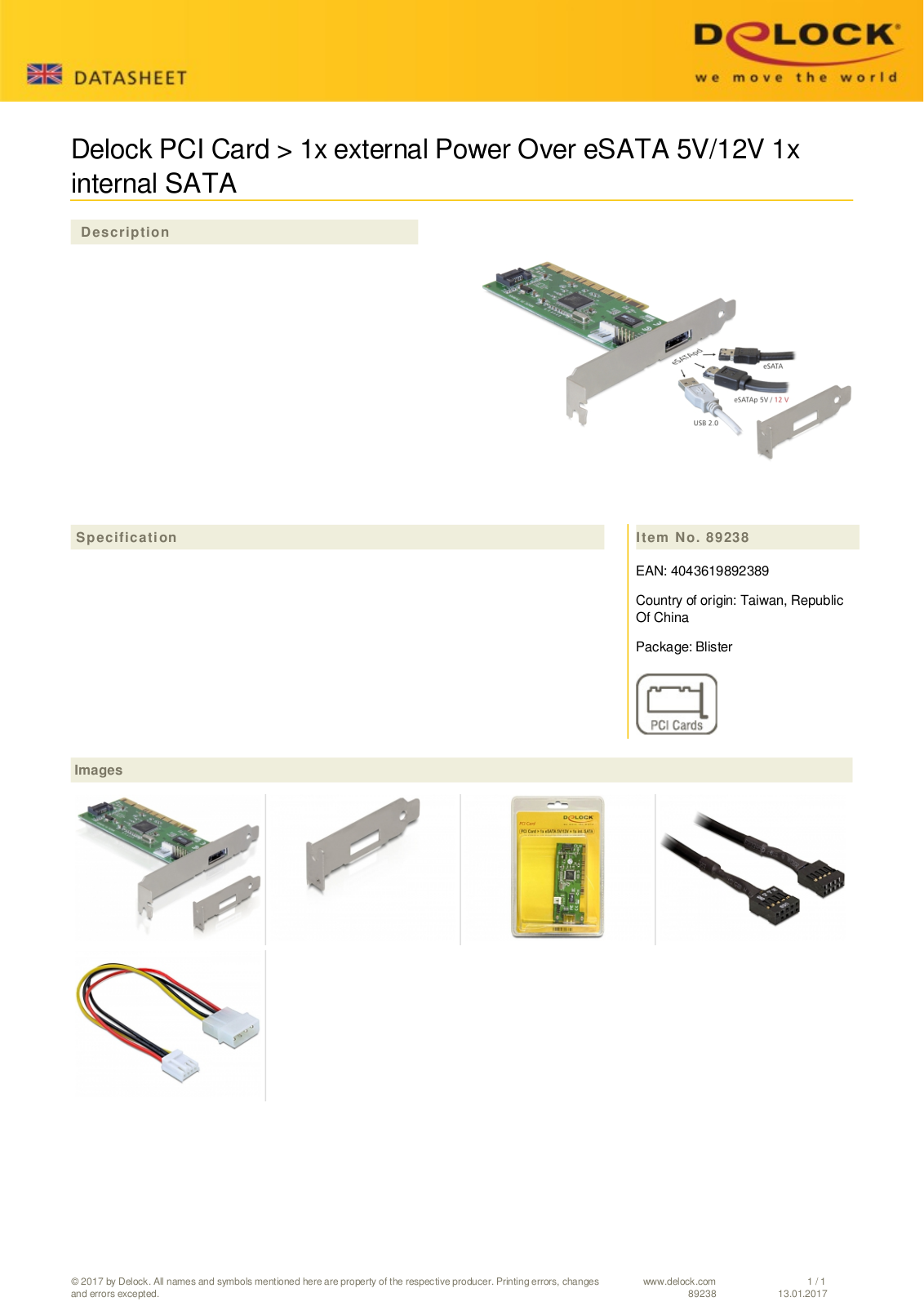 DeLOCK 1x Power Over eSATA  PCI User Manual