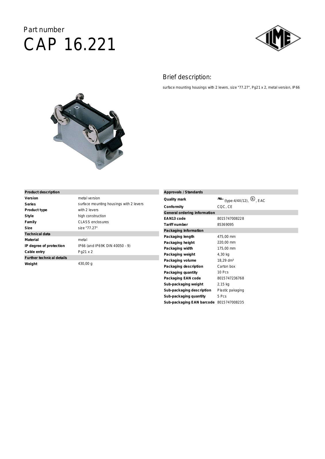 Datasheet CAP-16.221 Datasheet (ILME) - ManualMachine.com