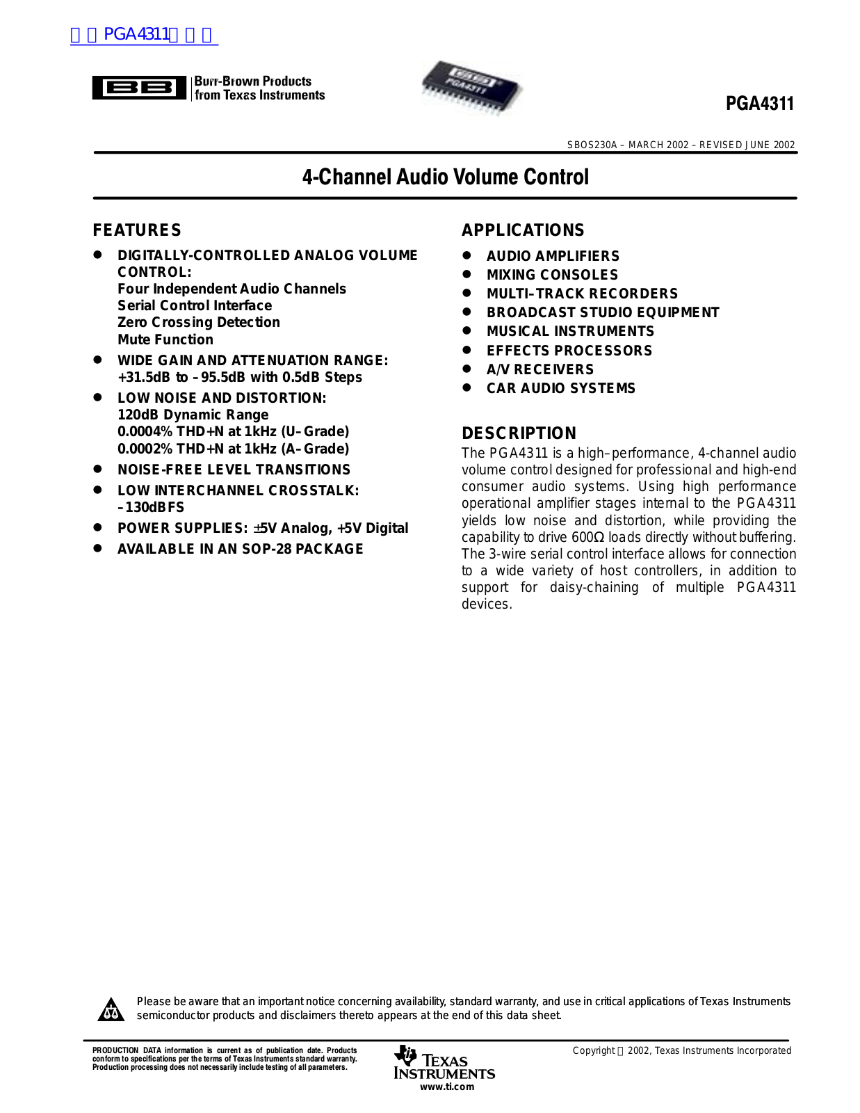 TEXAS INSTRUMENTS PGA4311 Technical data