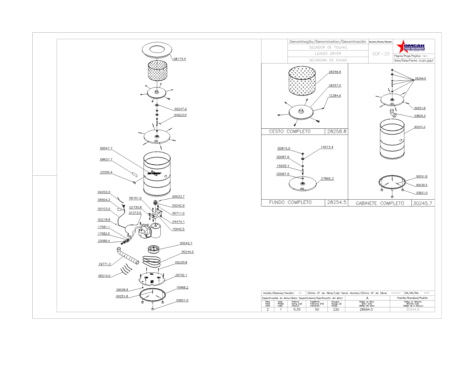 Omcan Food Machinery SDF-20 Parts List