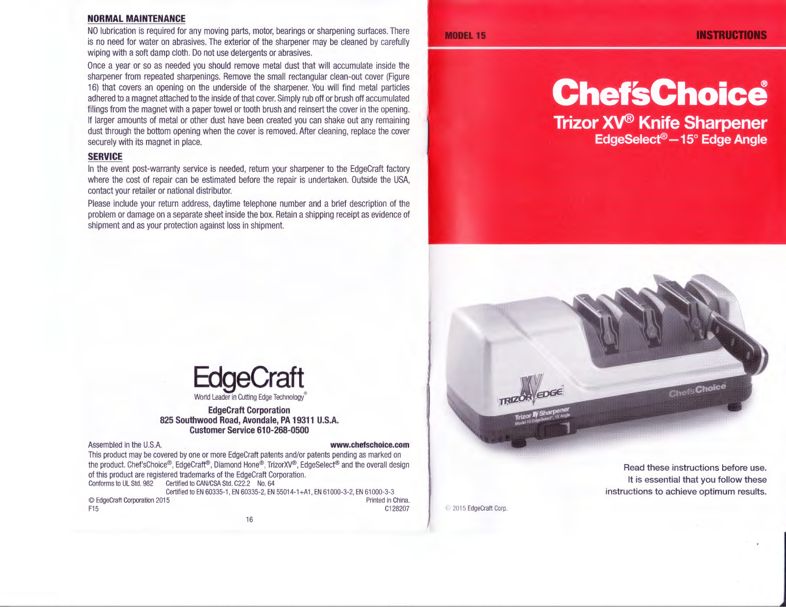 Chef's Choice Trizor XV 15 Instructions Manual