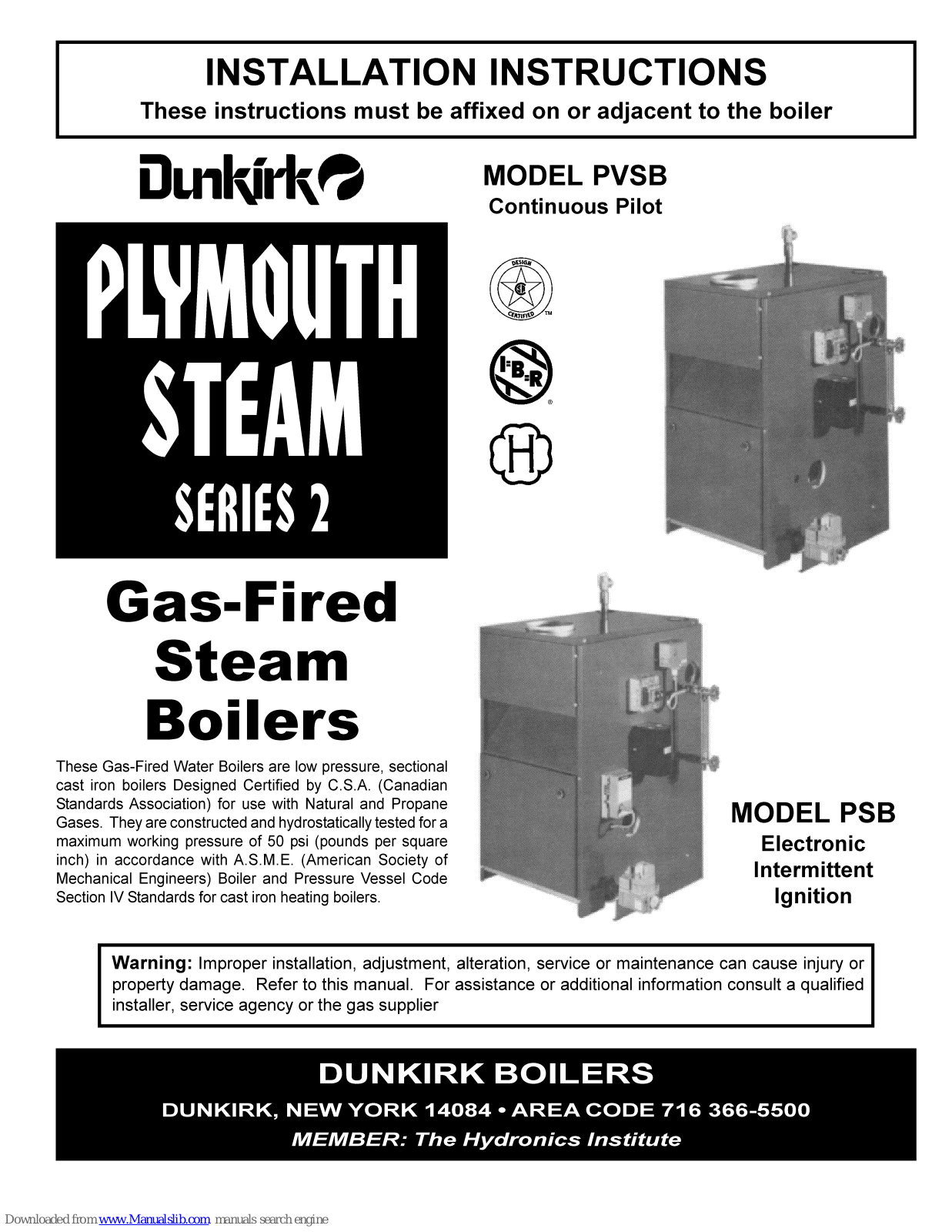 Dunkirk Plymouth Steam PVSB, Plymouth Steam PSB Installation Instructions Manual