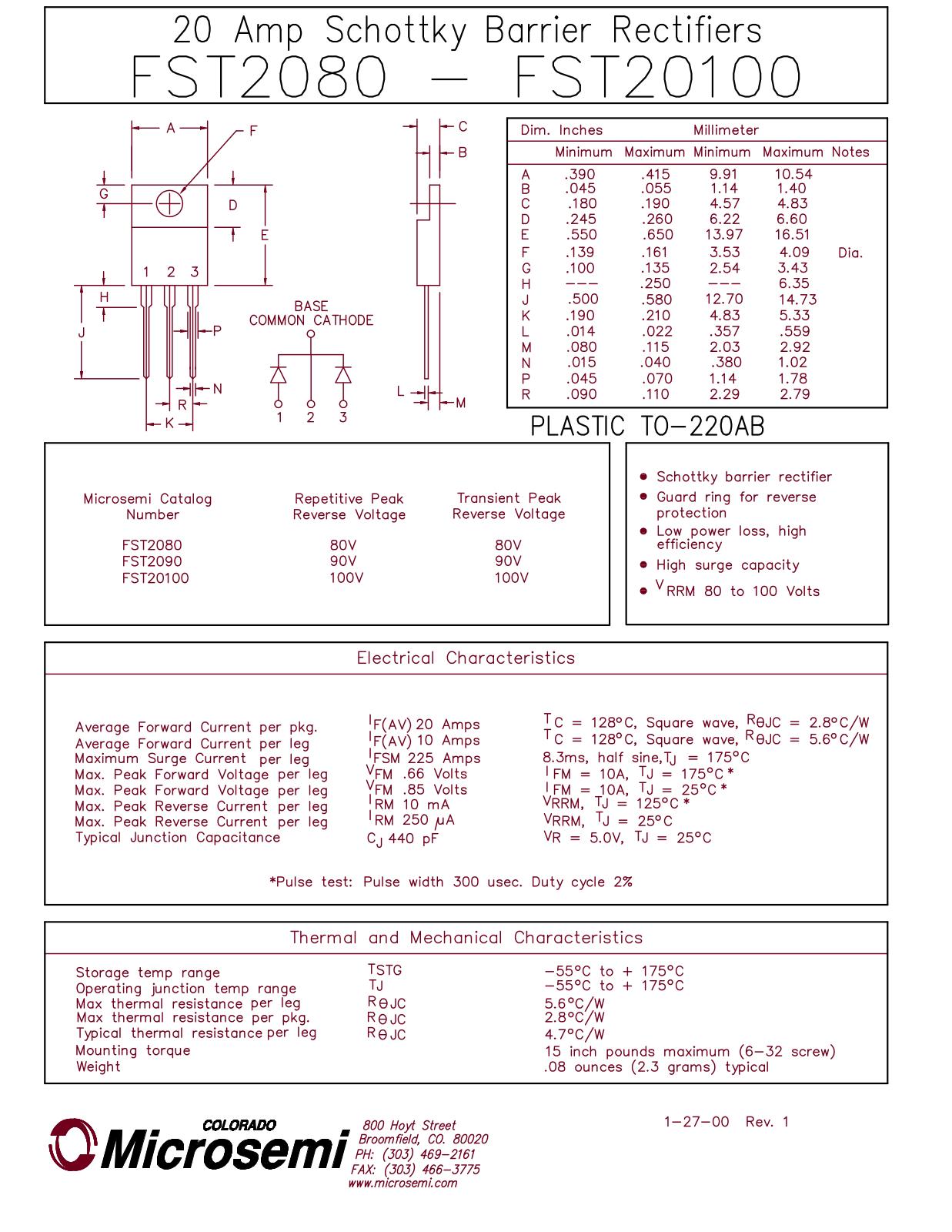 Microsemi Corporation FST2090, FST2080, FST20100 Datasheet