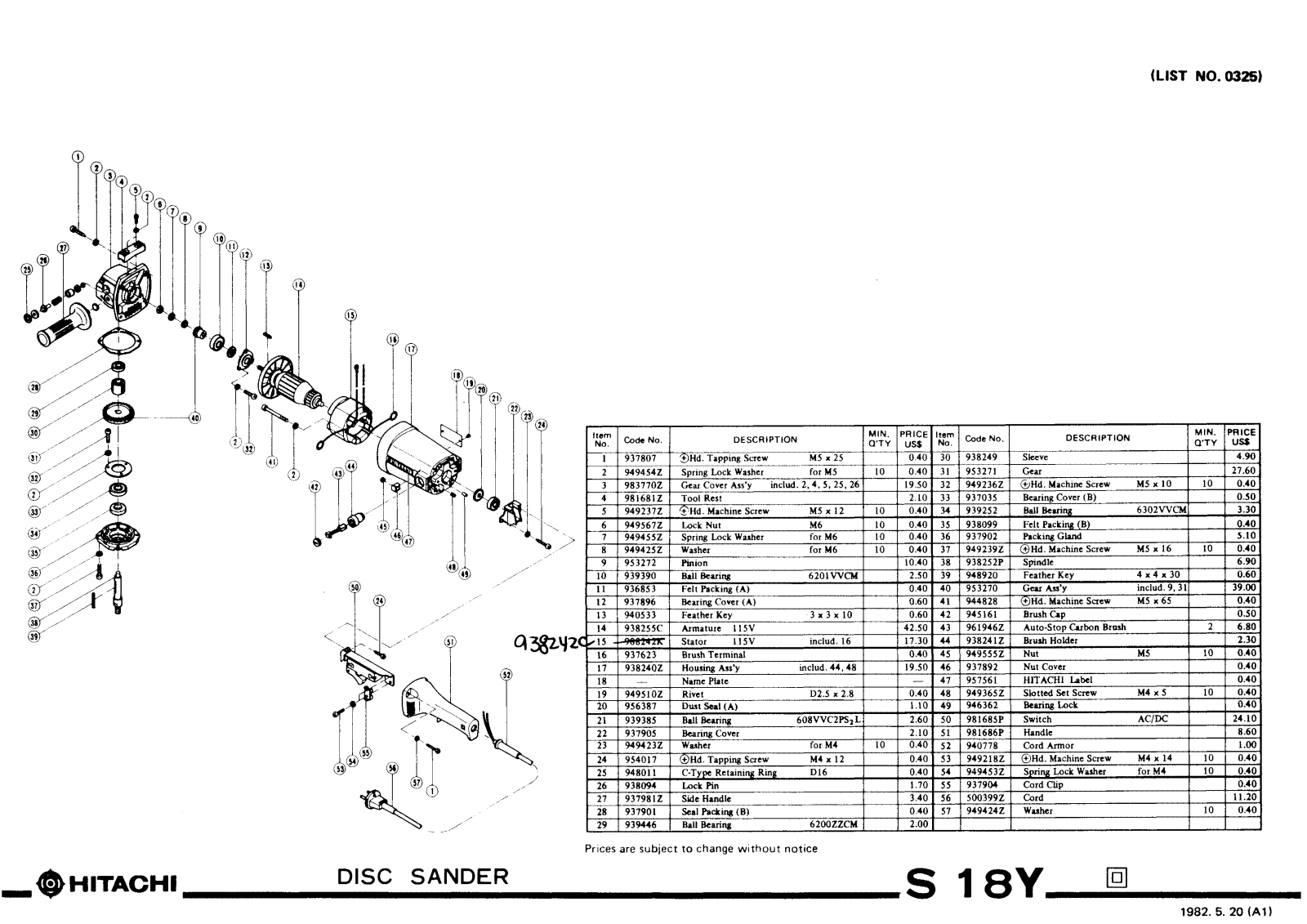 Hitachi S18Y PARTS LIST