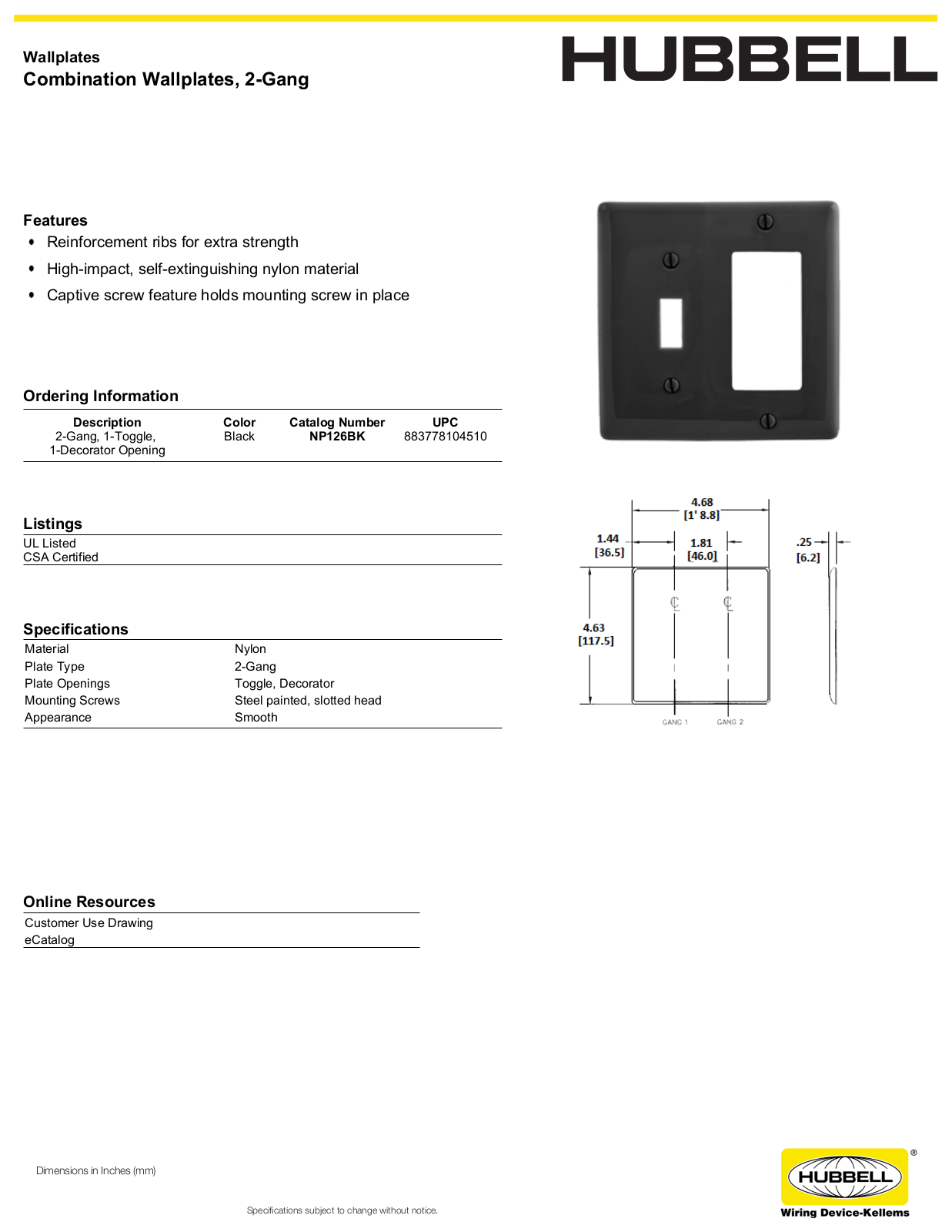 Hubbell NP126BK Specifications