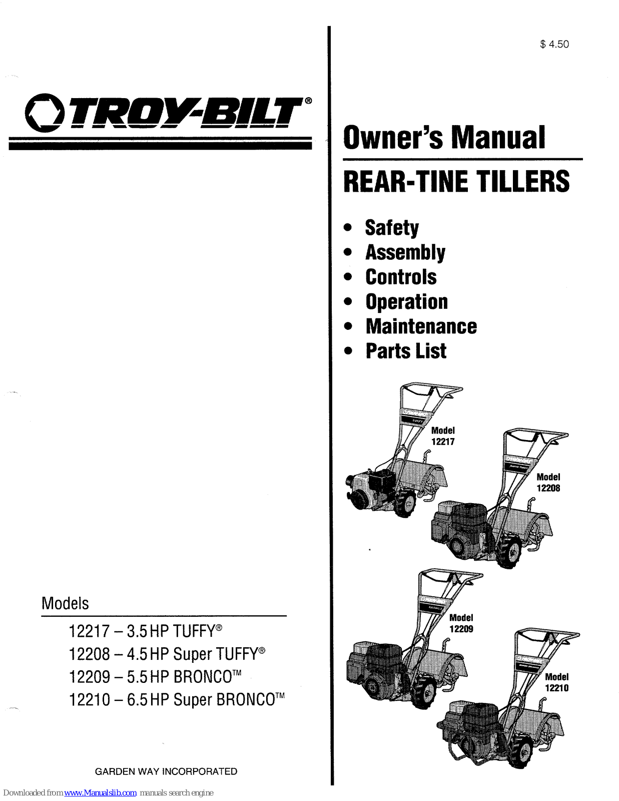 Troy-Bilt 12208-4.5HP, 12217, 12217-3.5HP, 12227, 12227-3.75HP Owner's Manual