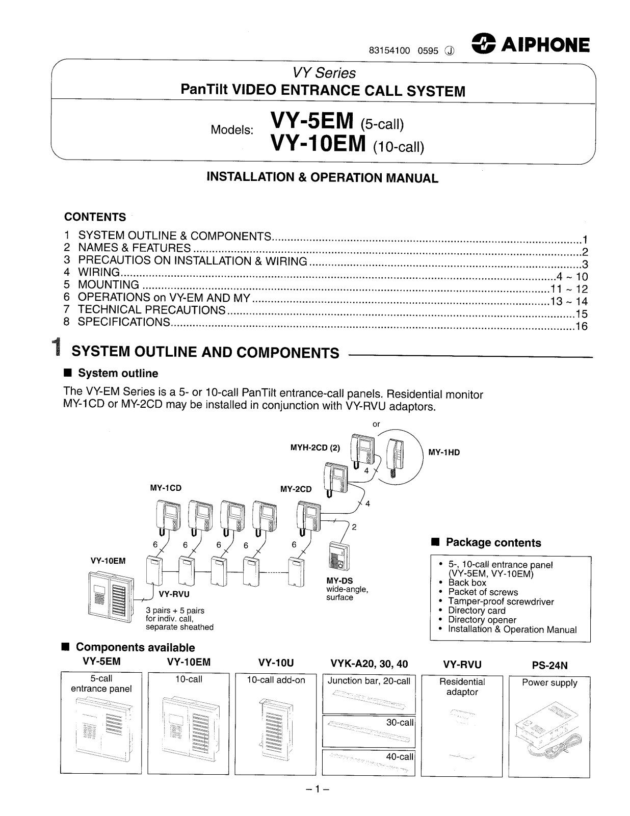 Aiphone VY-EM INSTALLATION INSTRUCTIONS