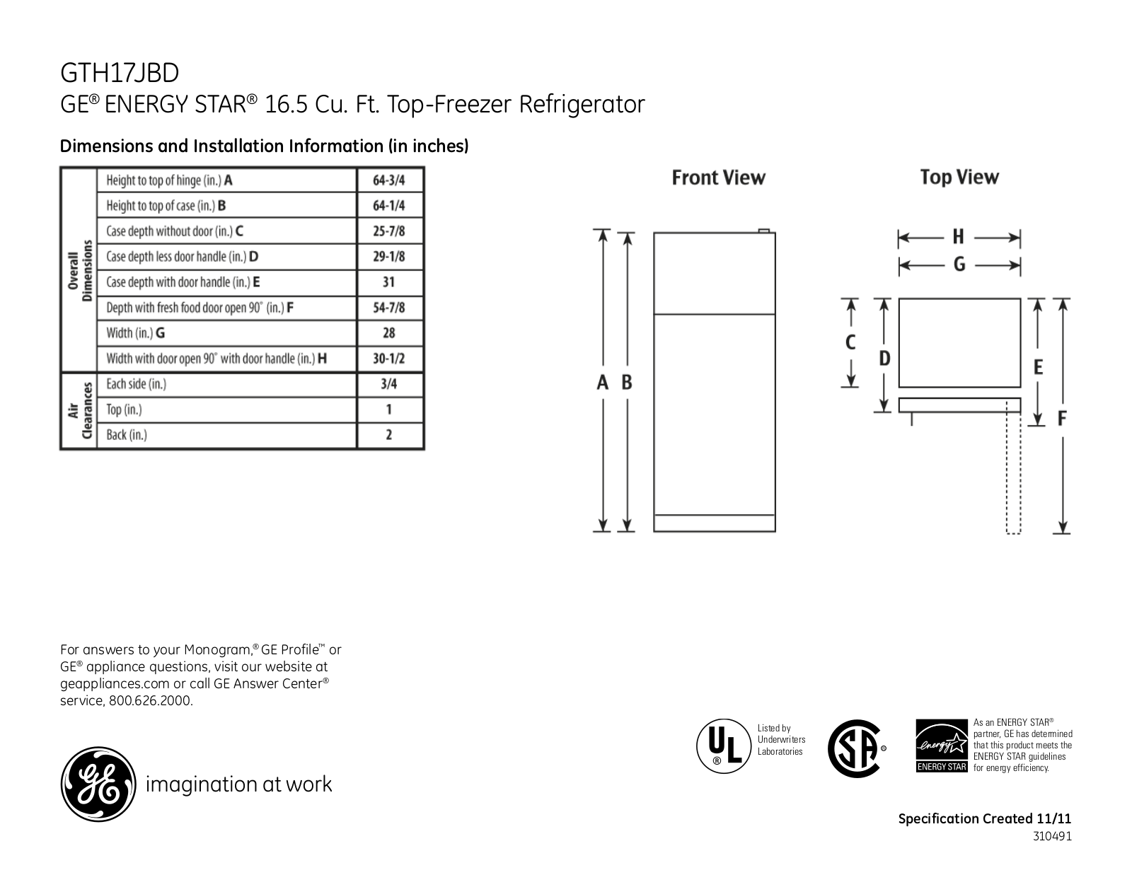 GE GTH17JBD Specification