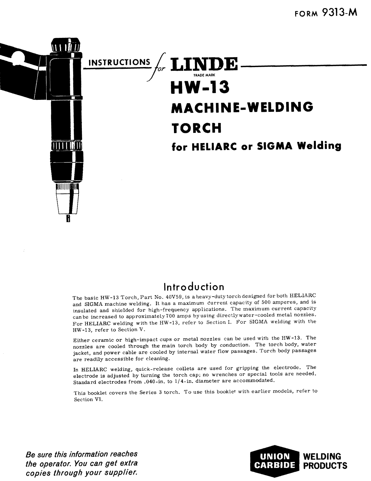 UNION CARBIDE Linde HW-13 Machine-Welding Torch Troubleshooting instruction