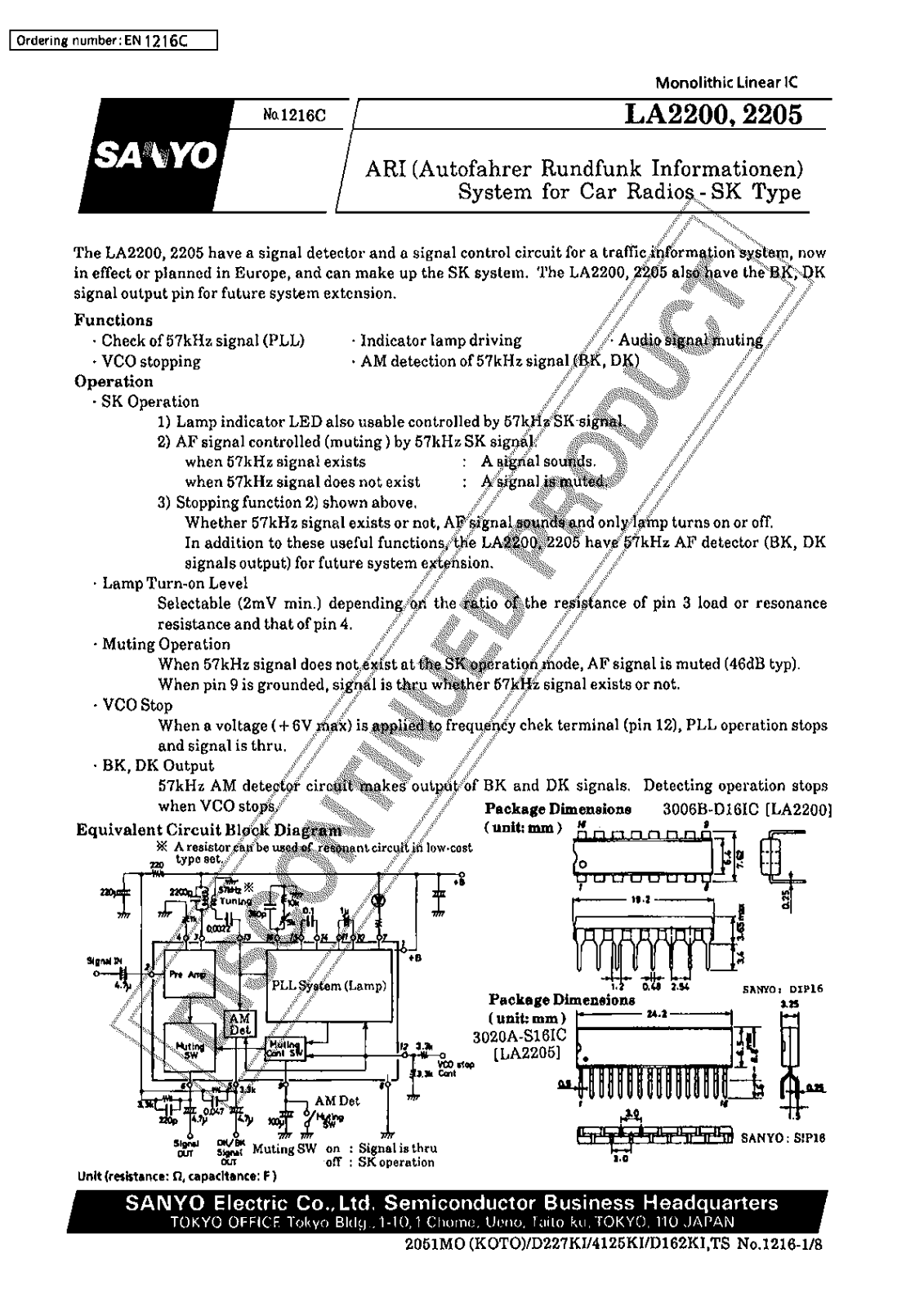 Sanyo LA2205 Specifications