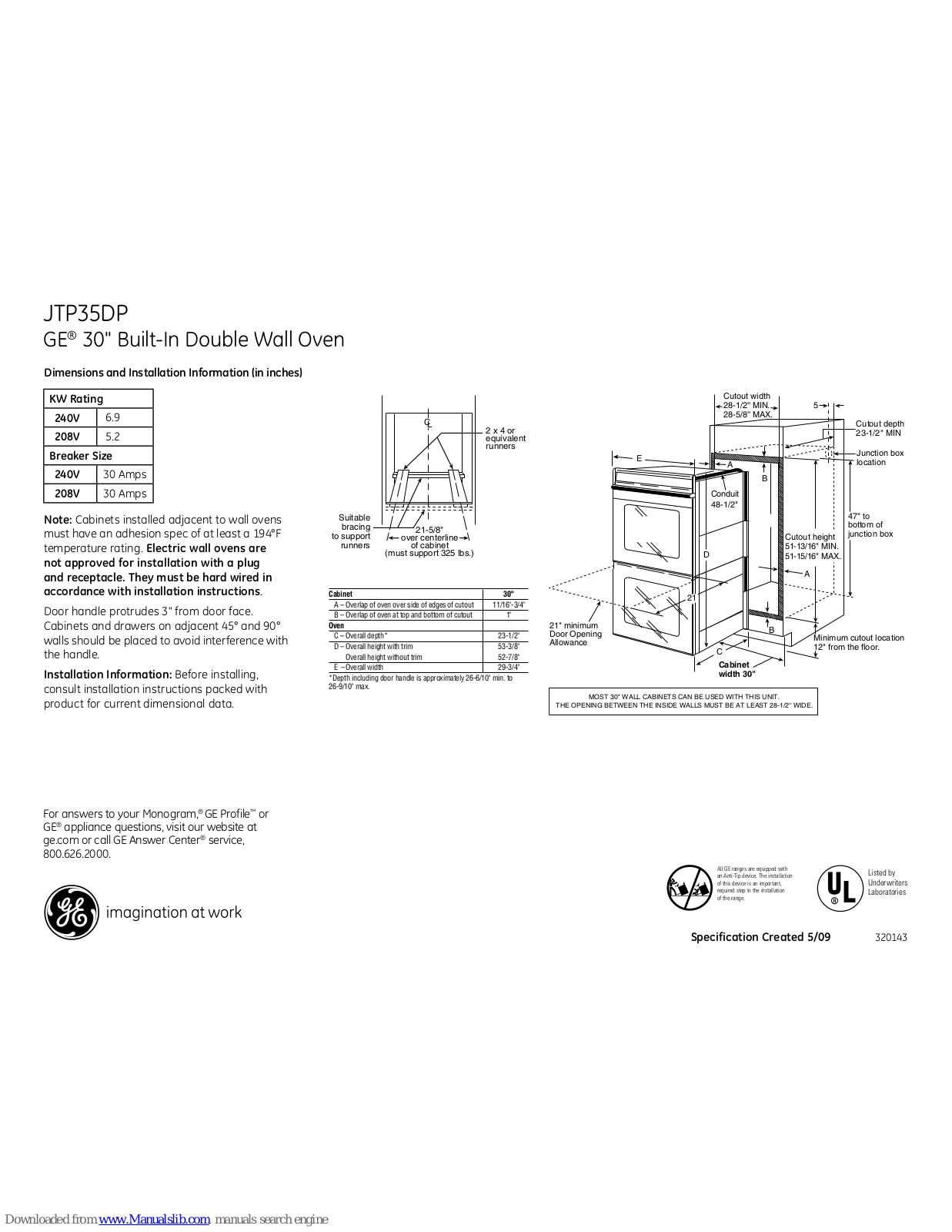 GE JTP35DP, JTP35DPBB, JTP35DPWW Dimensions And Installation Information