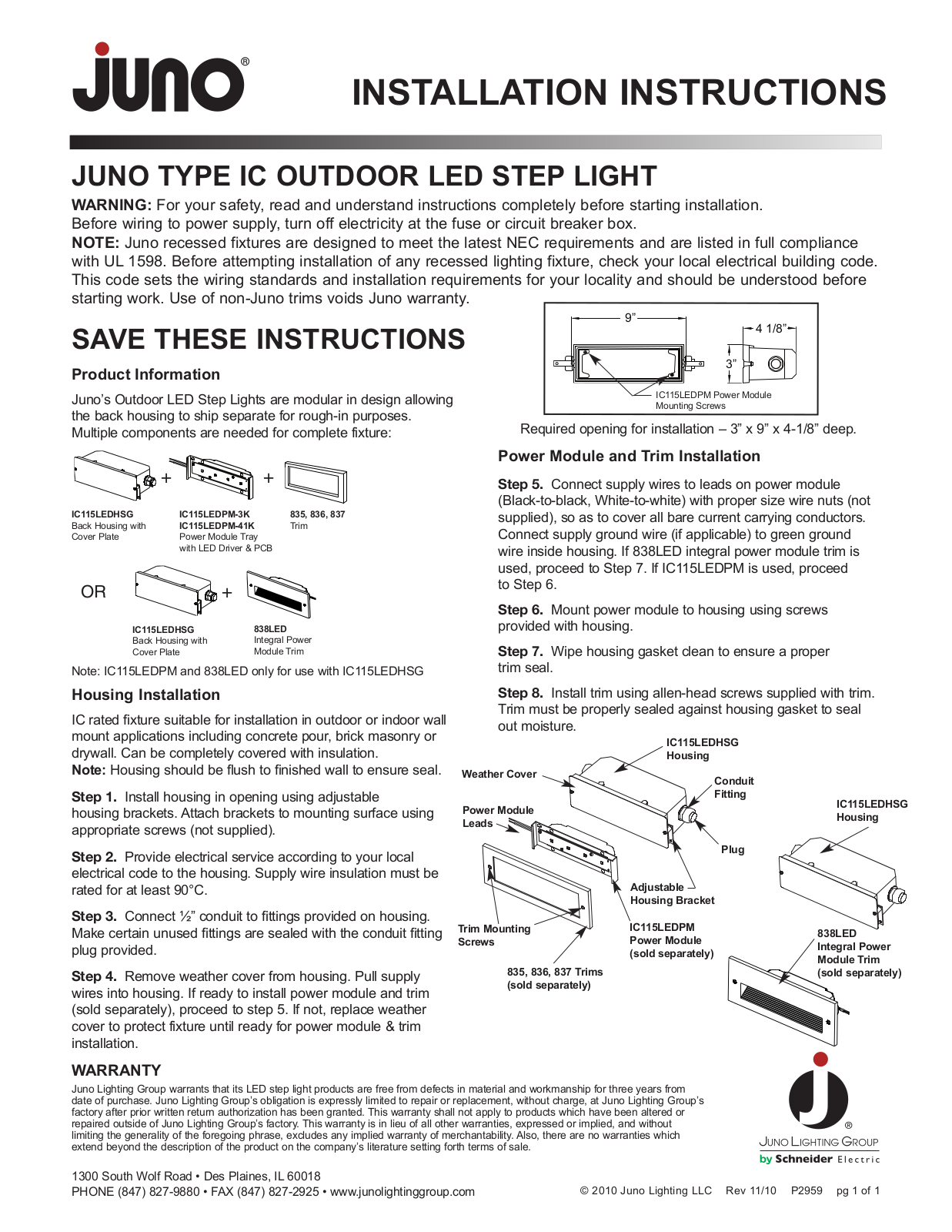 JUNO IC Series, IC115LEDPM-3K, IC115LEDPM, IC115LEDPM-41K, IC115LEDHSG Installation Instructions Manual