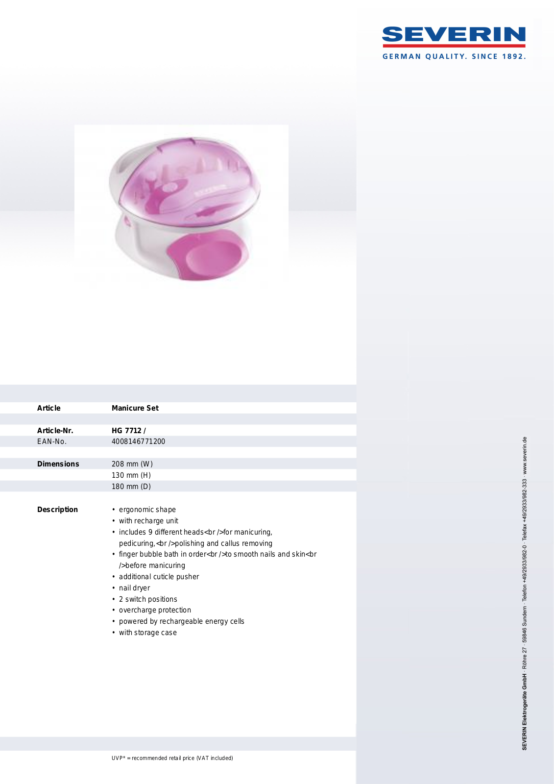 Severin MANICURE-CENTER HG 7712 User Manual