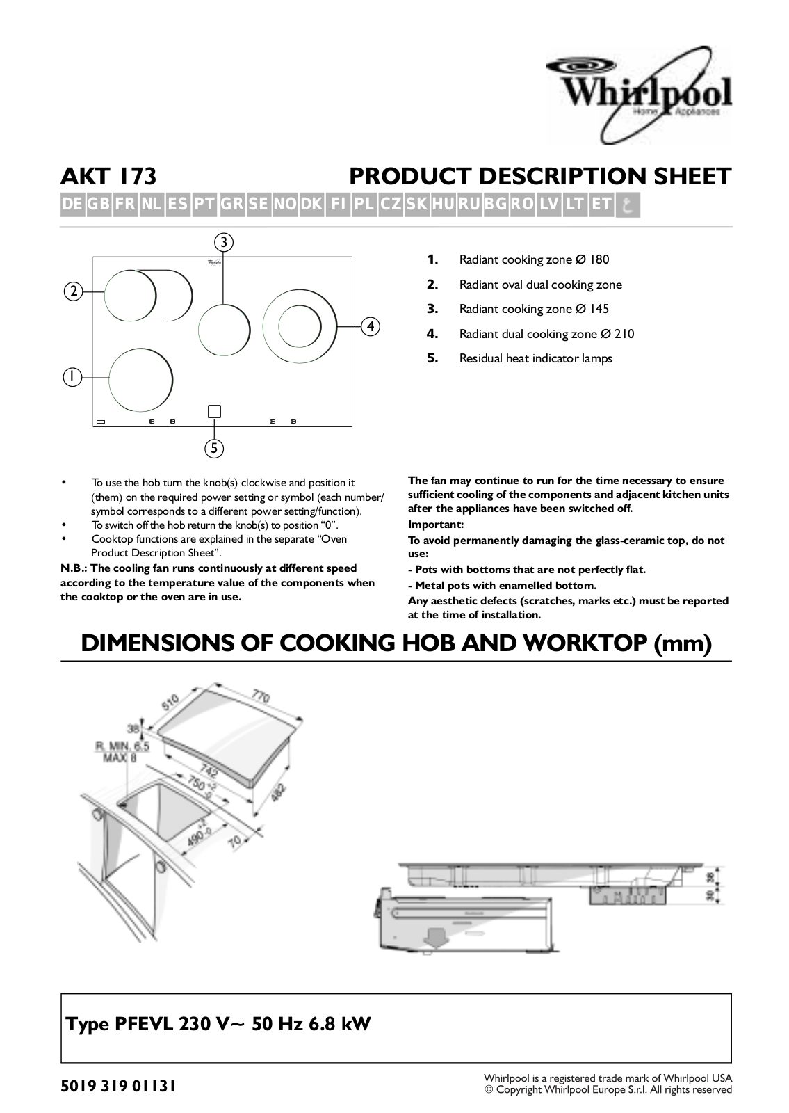 Whirlpool AKT 173 PRODUCT DESCRIPTION SHEET