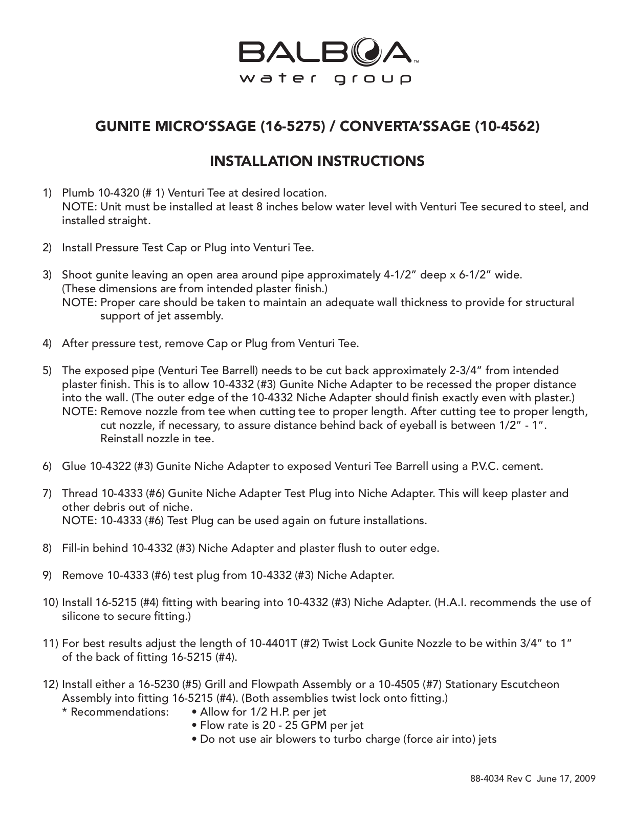 Balboa Water Group Gunite Micro'ssage 10-4562 User Manual