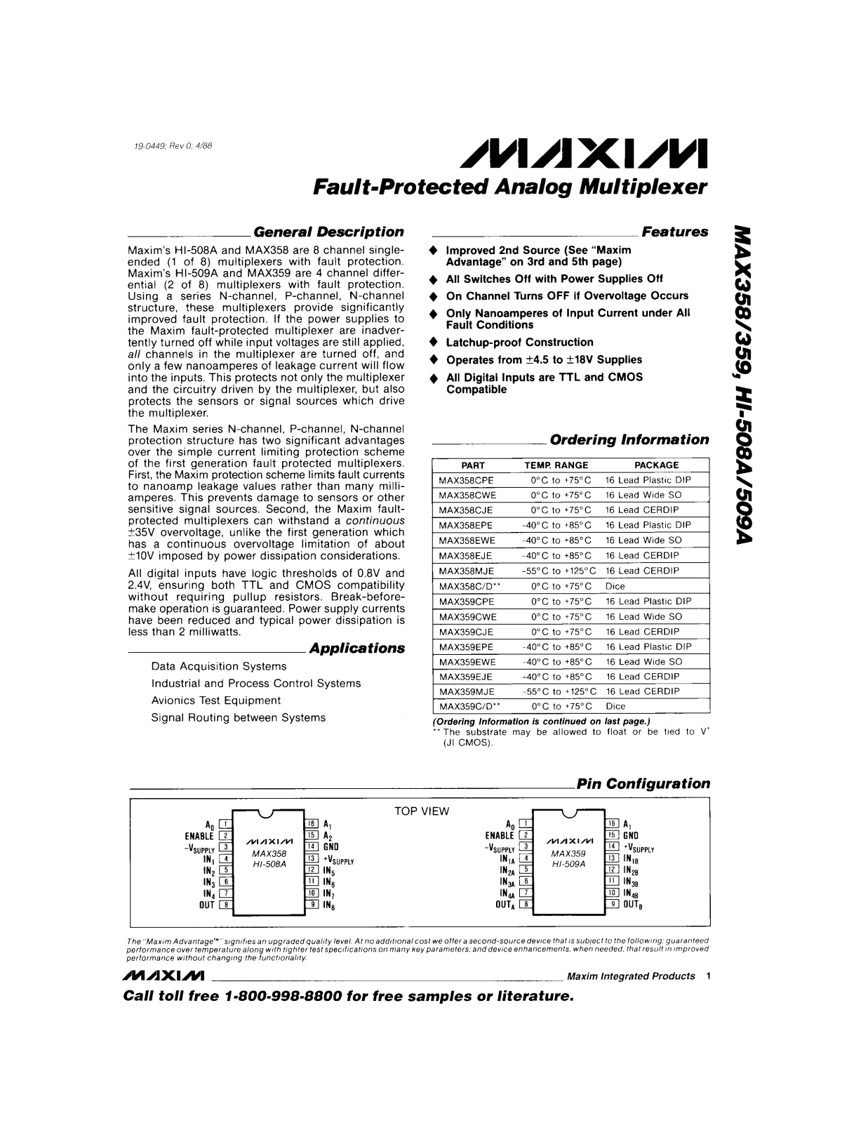 MAXIM MAX358, MAX359, HI-5058A, HI-509A User Manual